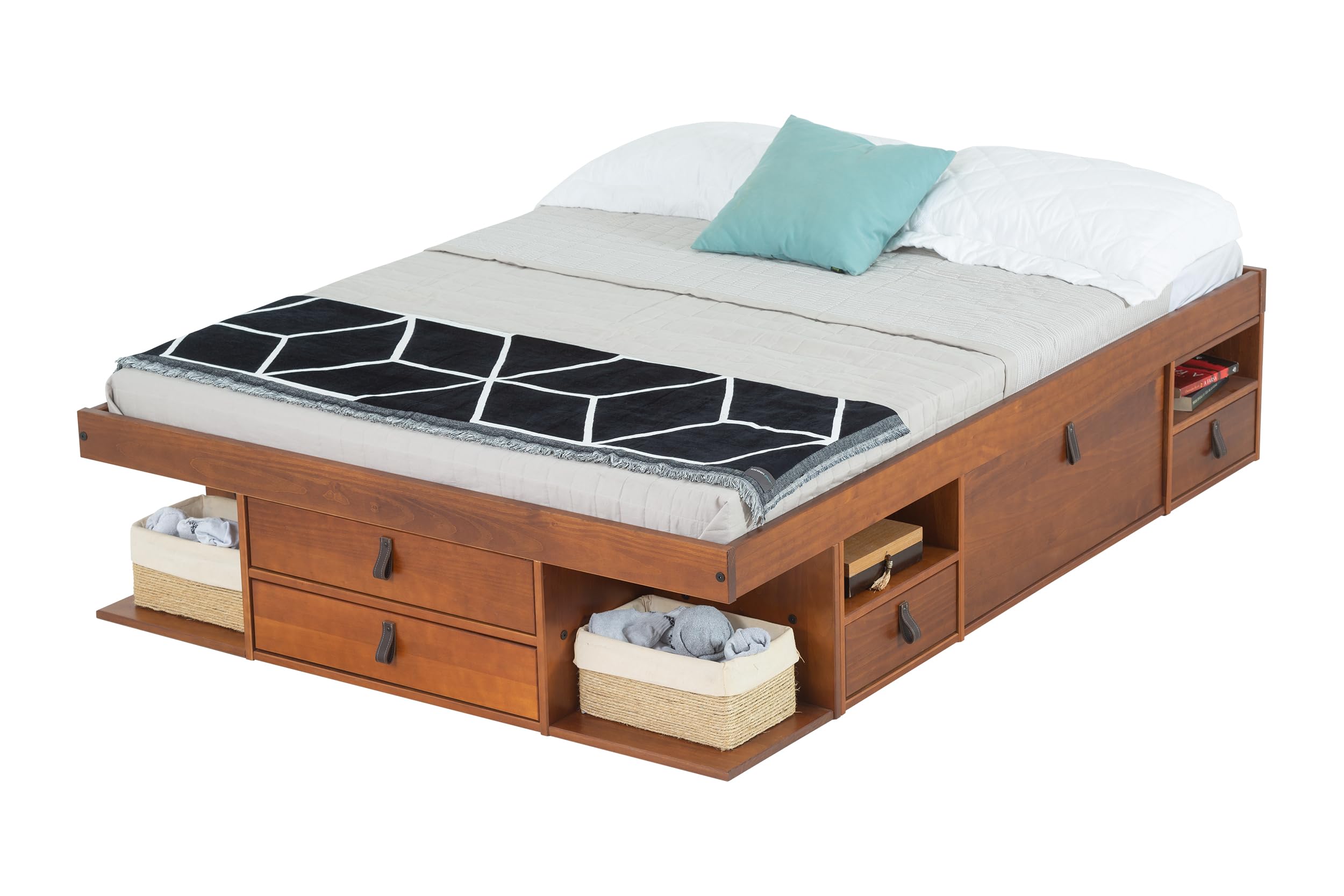 Memomad Functional Bed BALI - Stable bed with lots of storage and drawers, ideal for small bedrooms - Solid pine bed - Price incl. slatted bed base (160x200cm, Color Maple)