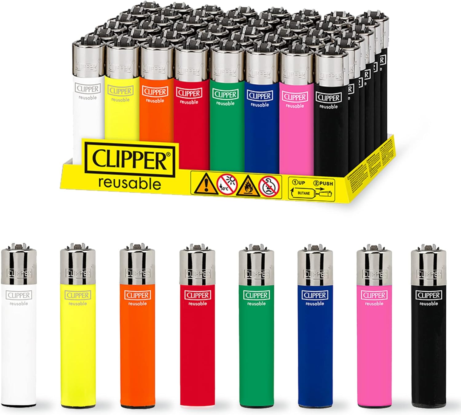 Clipper Reusable Lighter, Classic Large Refillable Lighters, Solid Assorted Colors Collection