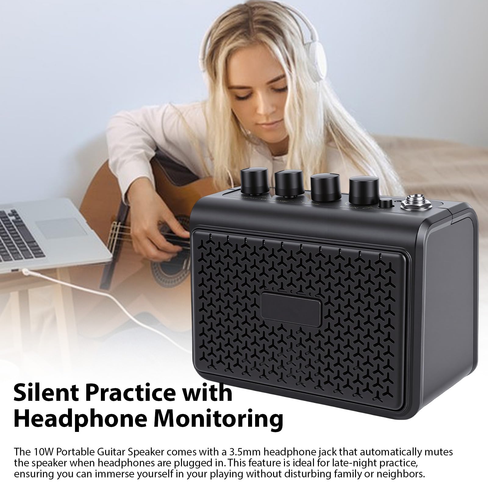 10W Amplificatore per chitarra portatile Altoparlante BT Ingresso AUX 2 canali di distorsione puliti Jack per cuffie silenzioso ricaricabile Piccolo altoparlante per