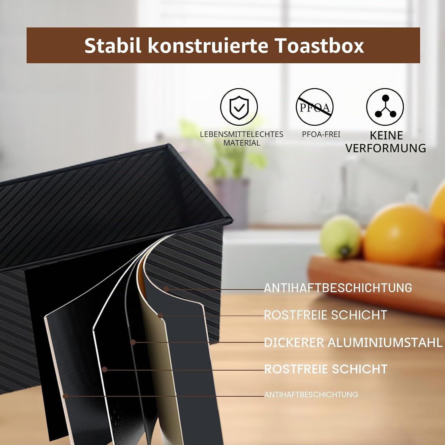 2 Stück Brotbackform mit Deckel, 450g & 1000g, antihaftbeschichtete Pullman Toastbackform in Schwarz