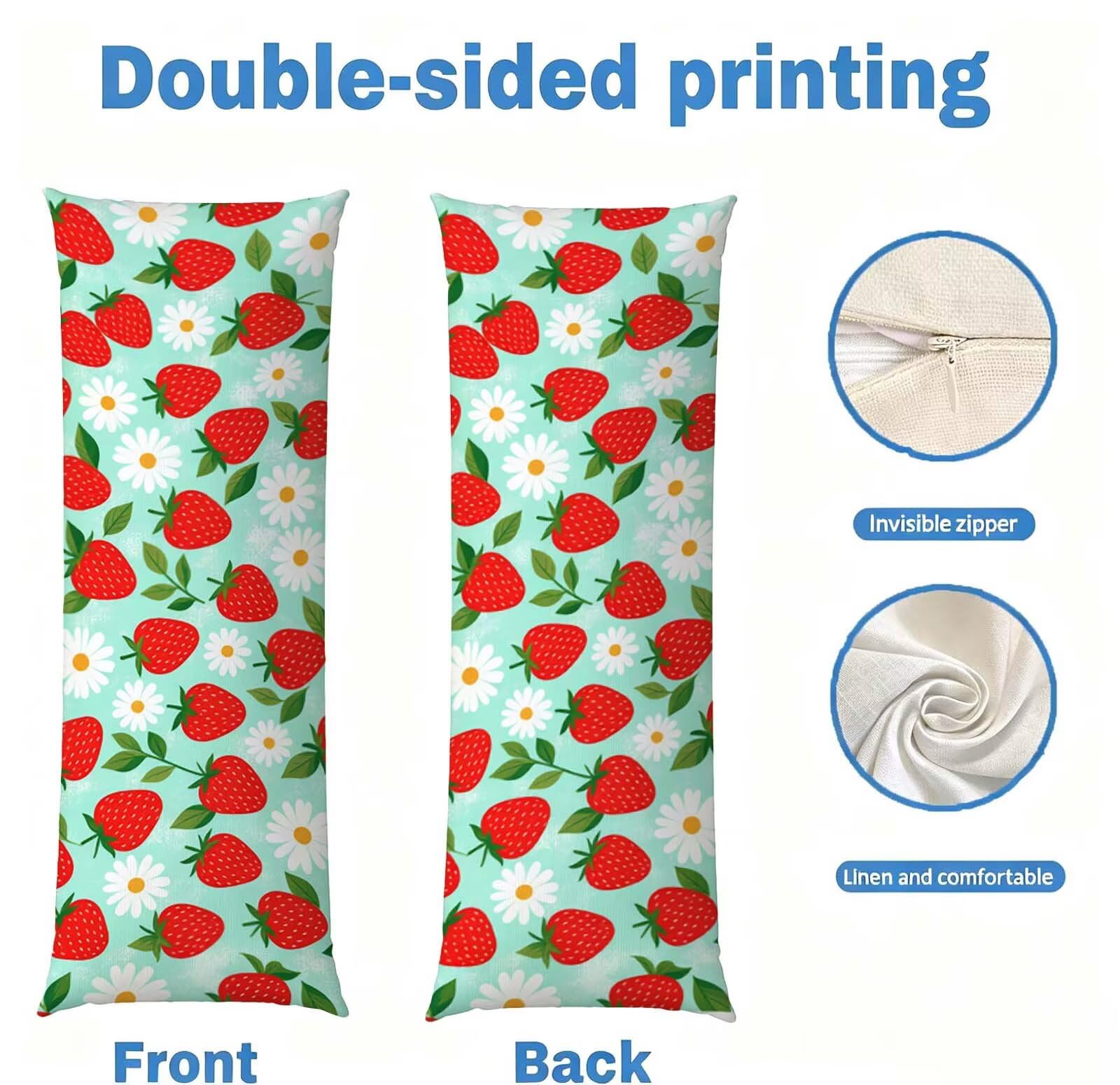 Fodera Cuscino 55 x 160 cm, Fragola-1 Lino Copricuscini Letto, | con Invisibile Cerniera, Morbida e Traspirante, per biancheria da letto, divano, hotel, chi dorme sul fianco Blu j-61