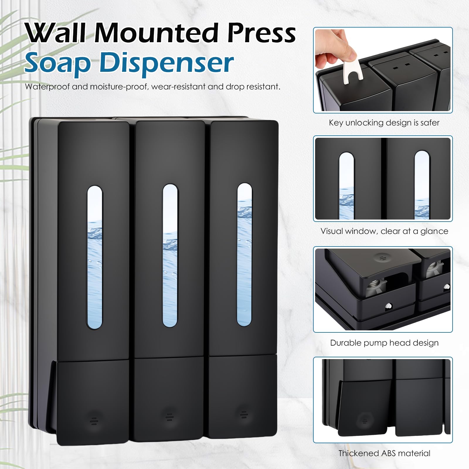 Dispenser Doccia Muro, Dosatore Sapone Bagno a Parete 400ML, Dispenser Shampoo e Bagnoschiuma Adesivo, Senza Foratura per Gel Doccia Cucine Bagni, Nero (2 Camere)