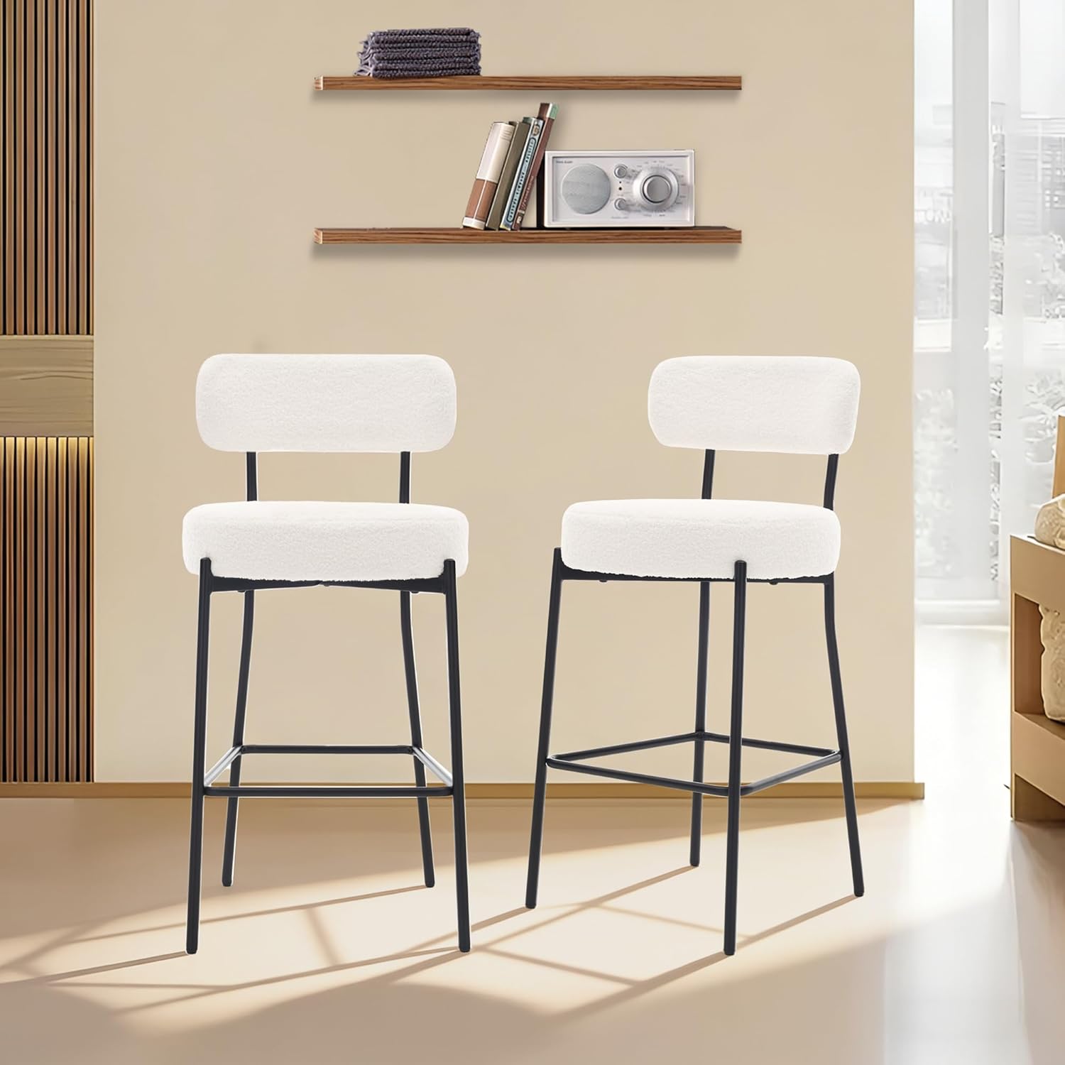 Bar Stools Set of 2, 27" White Boucle Counter Height Barstools with Back and Metal Legs, Upholstered Modern Barstools Chairs for Kitchen Island, Counter, Dining Room