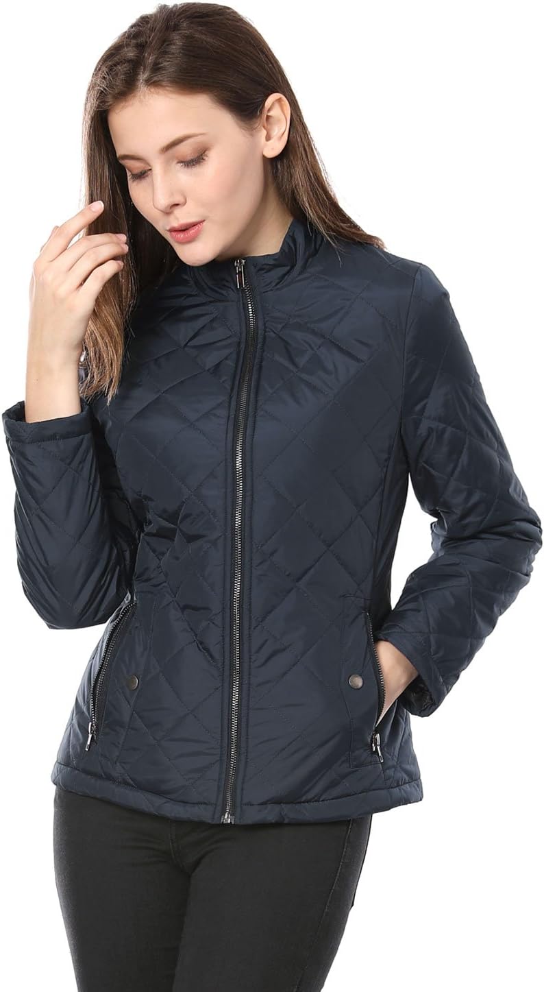 Allegra K Women's Stand Collar Zip Lightweight Quilted Jacket