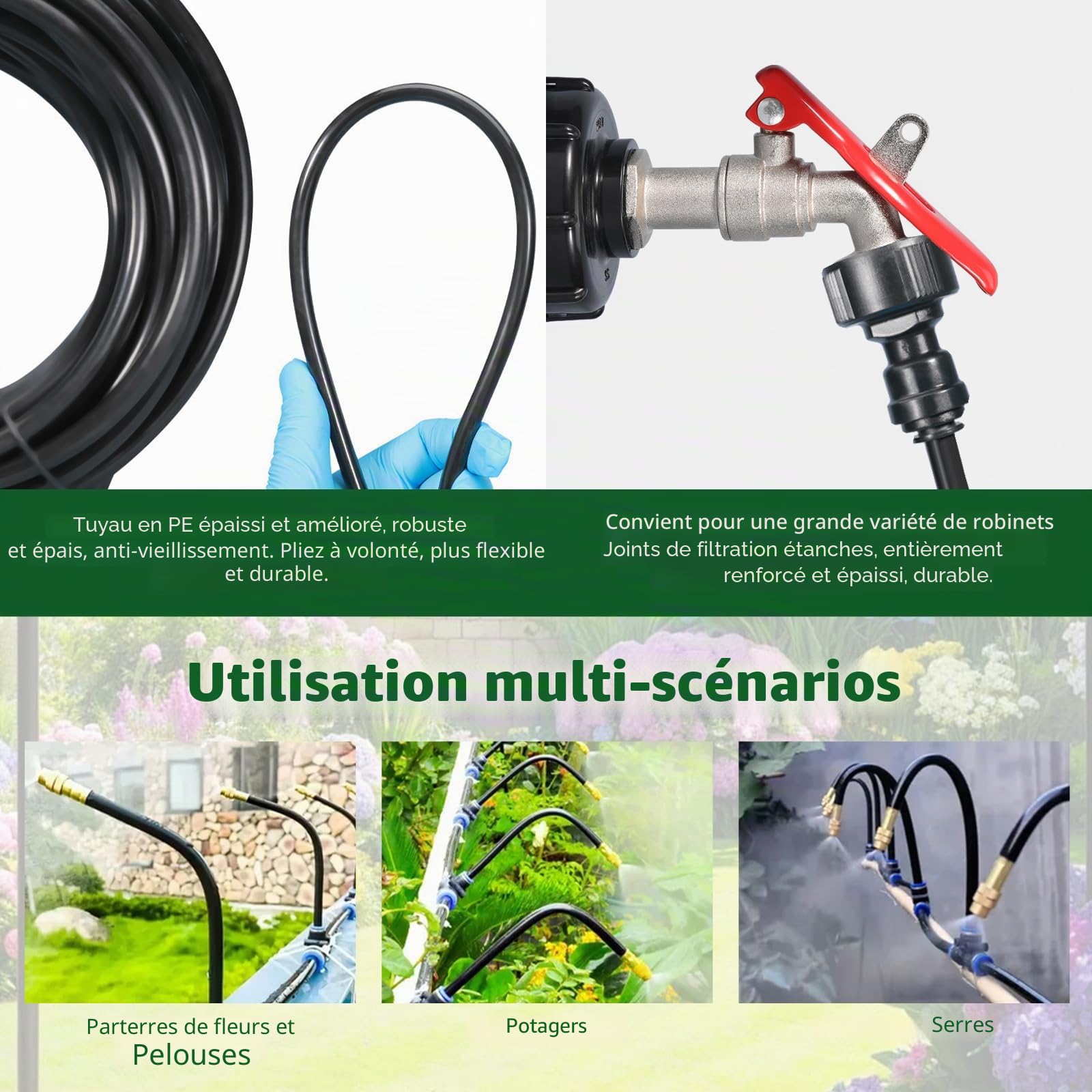 ACESOME Système d'irrigation de jardin, système d'irrigation automatique incurvé à 360°, tuyau d'irrigation, plate-bande surélevée pour jardin, pelouse, potager, ferme (20 m avec piquets)