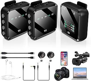 BraveKoi Wireless Lavalier Microphone, 2.4G lavalier microphone wireless (2TX + 1RX), For iPhone/Android, DSLR cameras and laptops, for Interview YouTube Facebook Live-stream, Recording Podcast Vlog