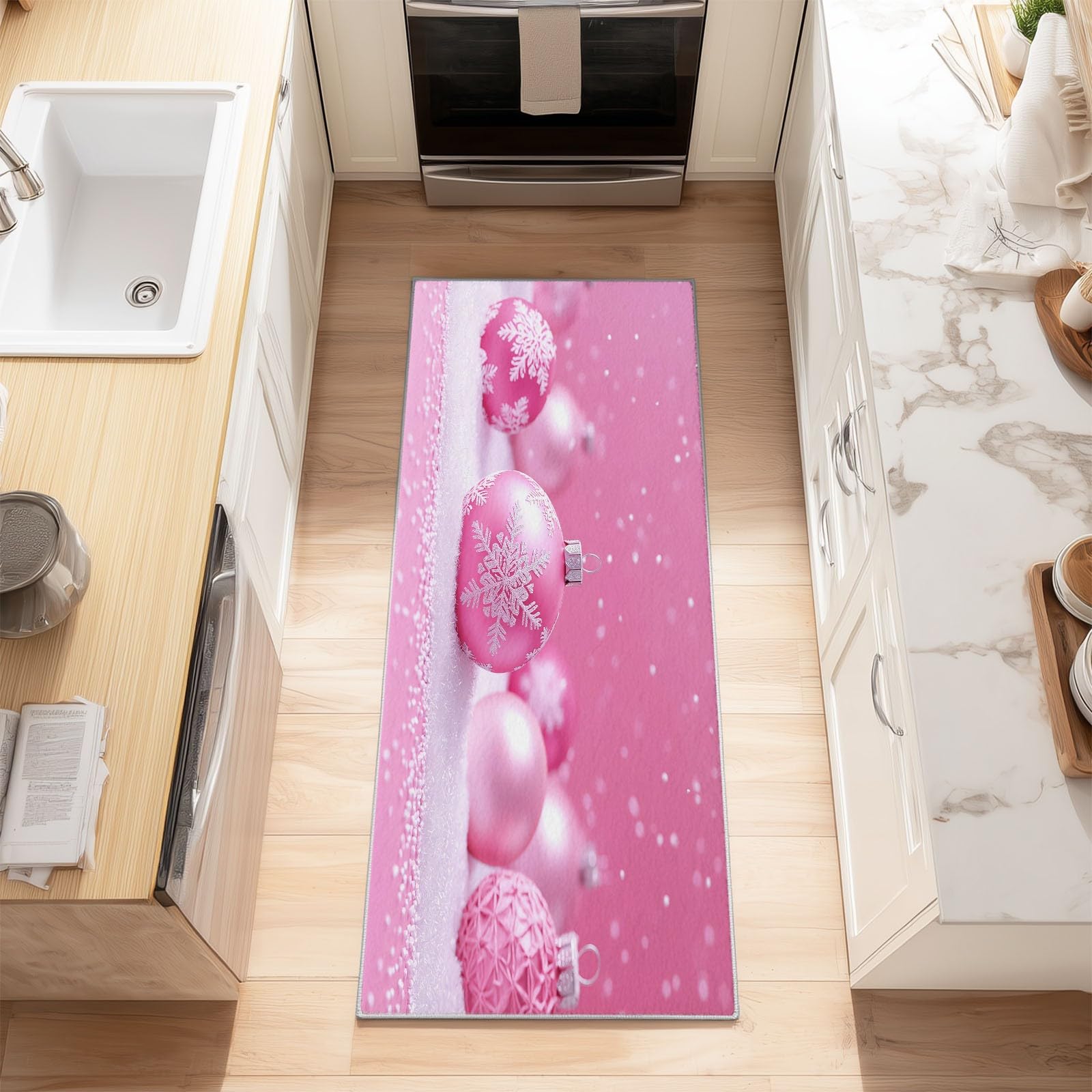 Generico Tappeto da Corridoio Antiscivolo 60 x 180 cm, Tappeto Passatoia Tema Natalizio Pelo Corto Palline Di Natale Rosa Fiocchi Di Neve per Corridoio Ufficio Entrata Casa Cucina da Ingresso