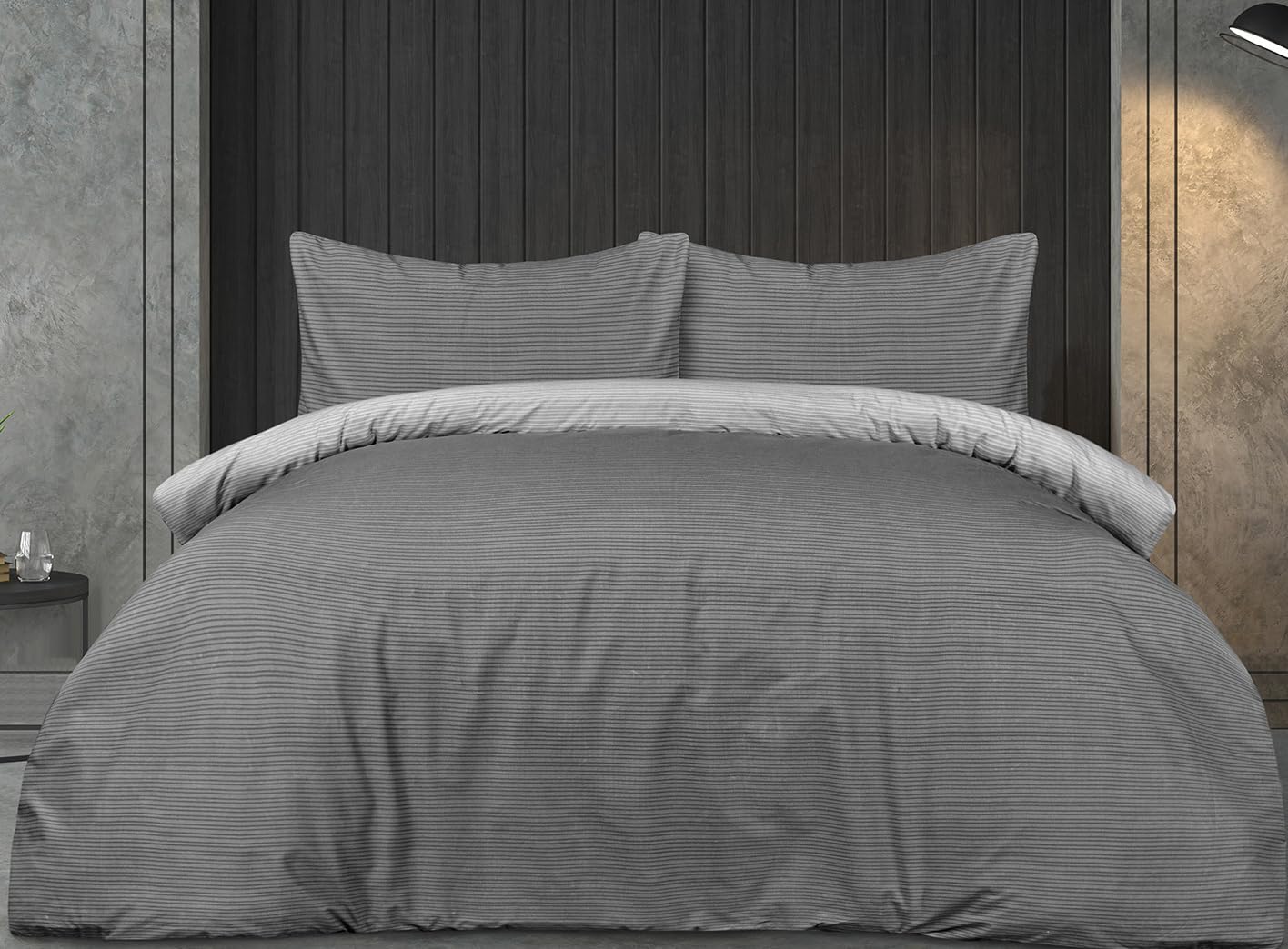 Casabella 4 Pc Luxury KingSize Duvet Cover Sets - Printed Brushed Microfiber Reversible King Size Duvet - Duvet Cover, Fitted Sheet & 2 Pillowcase - Soft & Durable Duvet Set - Pinstripe Grey Bedding