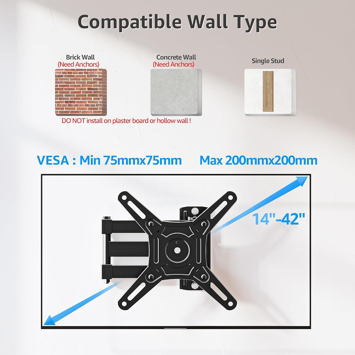 MOUNTUP TV Wall Bracket for Most 14-42 Inch LED, LCD, OLED Flat TVs & Monitors, Full Motion TV Mount with Tilt Swivel Extensi — view 7