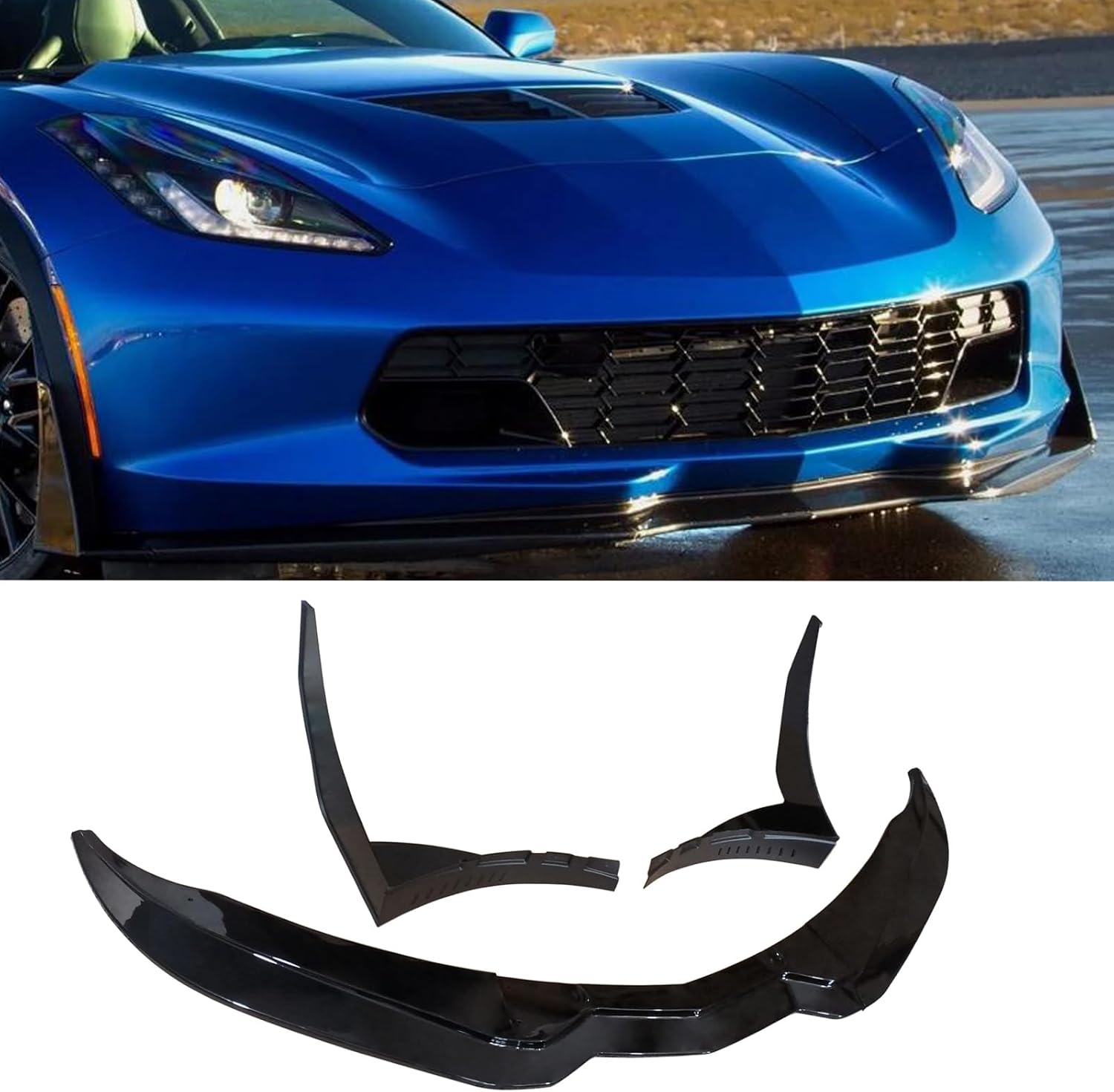 NINTE Front Lip for 2014-2019 Chevrolet Corvette C7 Z06 Z51 Stingray Grand Sport Stage 3 Gloss Black Front Bumper Lip Splitter with Side Extension Winglets Pair 3PCS (Not Fit for ZR1)