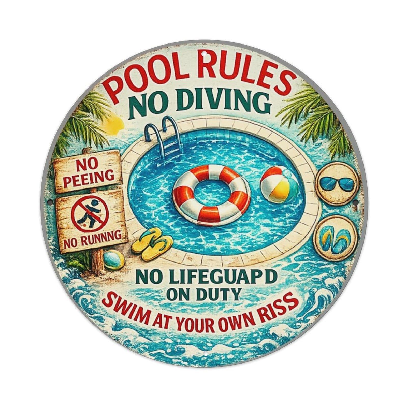 Pool Rules No Diving Sign Tin Sign Metal Poster Vintage Metal Signs for Home Man Cave Bar Cafe Kitchen laundry room Wall Decorations 8x8 inches