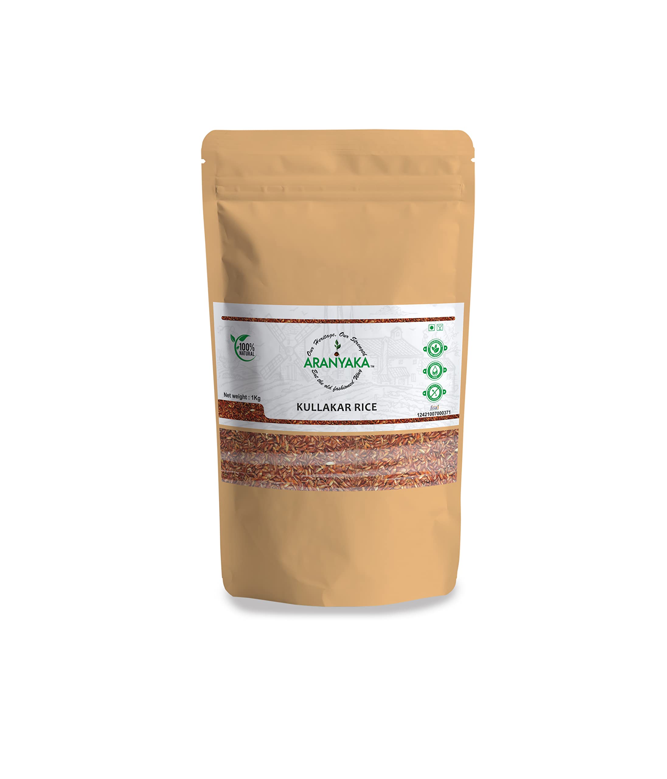 Aranyaka Kullakar Red Rice |1Kg| (Parboiled, Medium Grain) | Low Glycemic Index-Diabetic Friendly | Red Rice | 1kg