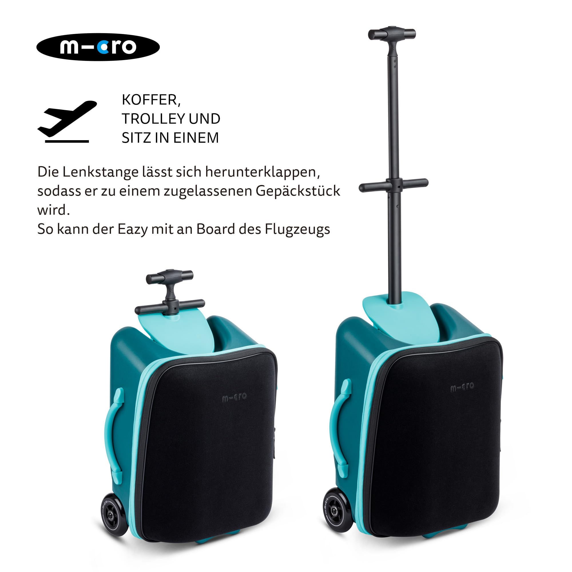 Micro™ Ride on Luggage Eazy Weekender | Das ORIGINAL | Reisetrolley mit Rollen | Höhenverstellbar & klappbar | Einkaufstrolley und Handgepäck IATA konform | Koffer & Trolley in einem