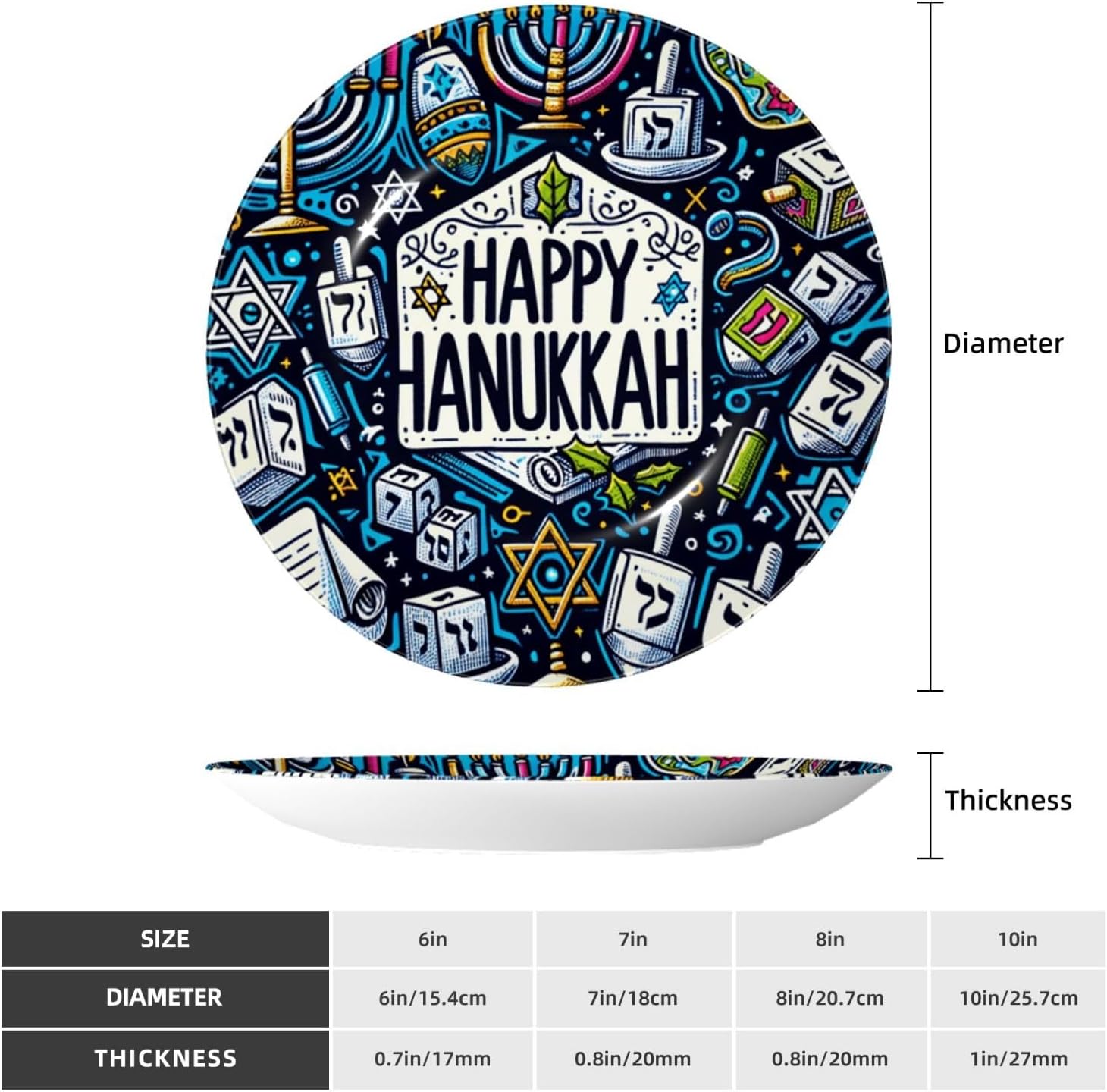 Happy-Hanukkah-Blue-Menorah 10 Inch Decorative Plate With Stand, Elegant Display Wall Plate For Home Decor