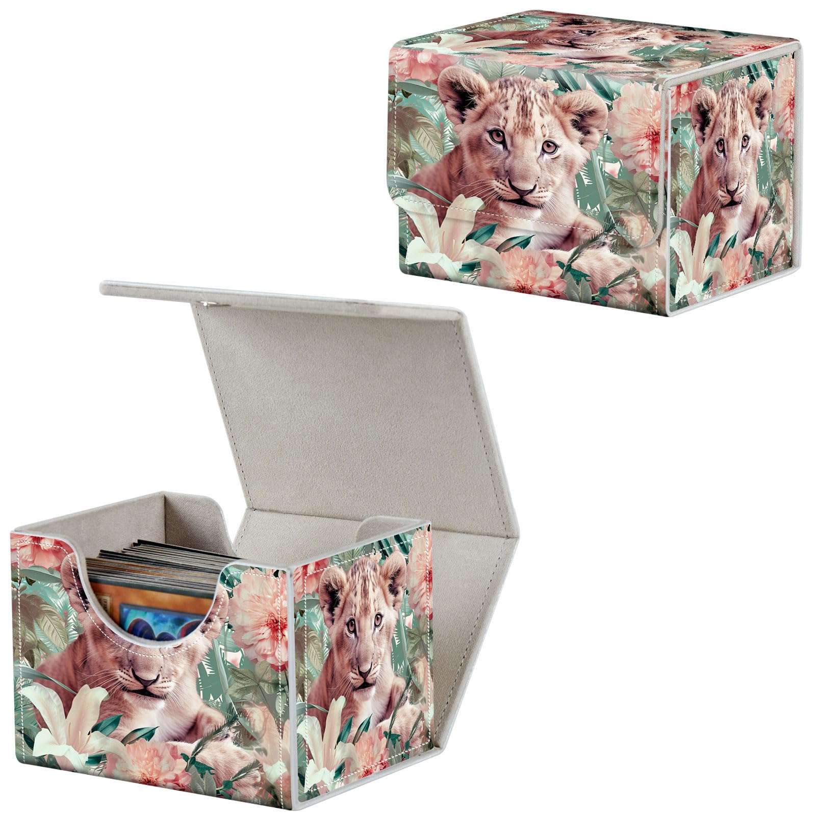 Qindaiwen Card Deck Box for MTG, Fits 100+ Single Sleeved Cards, PU Leather Trading Card Storage Box for TCG, CCG, MTG Cards, Strong Magnet Magic Gathering Deck Box, Floral And Lion