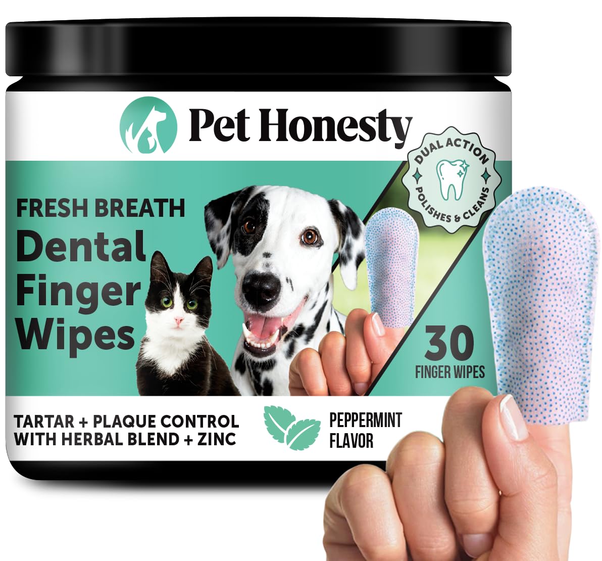 Dog Dental Finger Wipes for Teeth Cleaning Plaque Off - Dental Care for Dogs & Cats, Stain & Tartar Remover for Teeth, Finger Toothbrush Wipes, Fresh Breath & Gum Care with Zinc + Green Tea - 30 ct