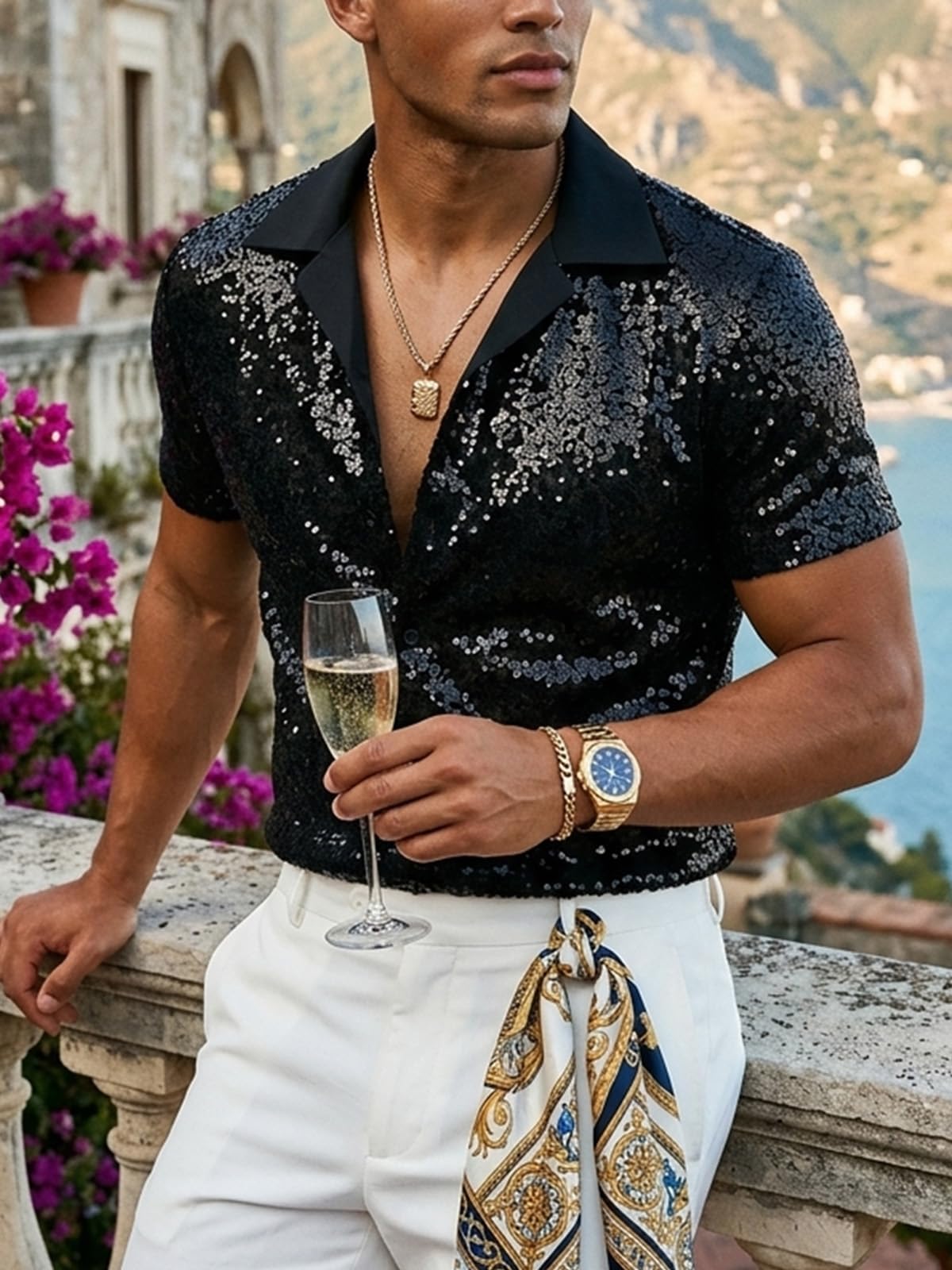 HAWILAND Glitzer Hemd Herren Kurzarm 70er Jahre Disco Party Pailletten Oberteil Festival Rave Shirt Clubwear