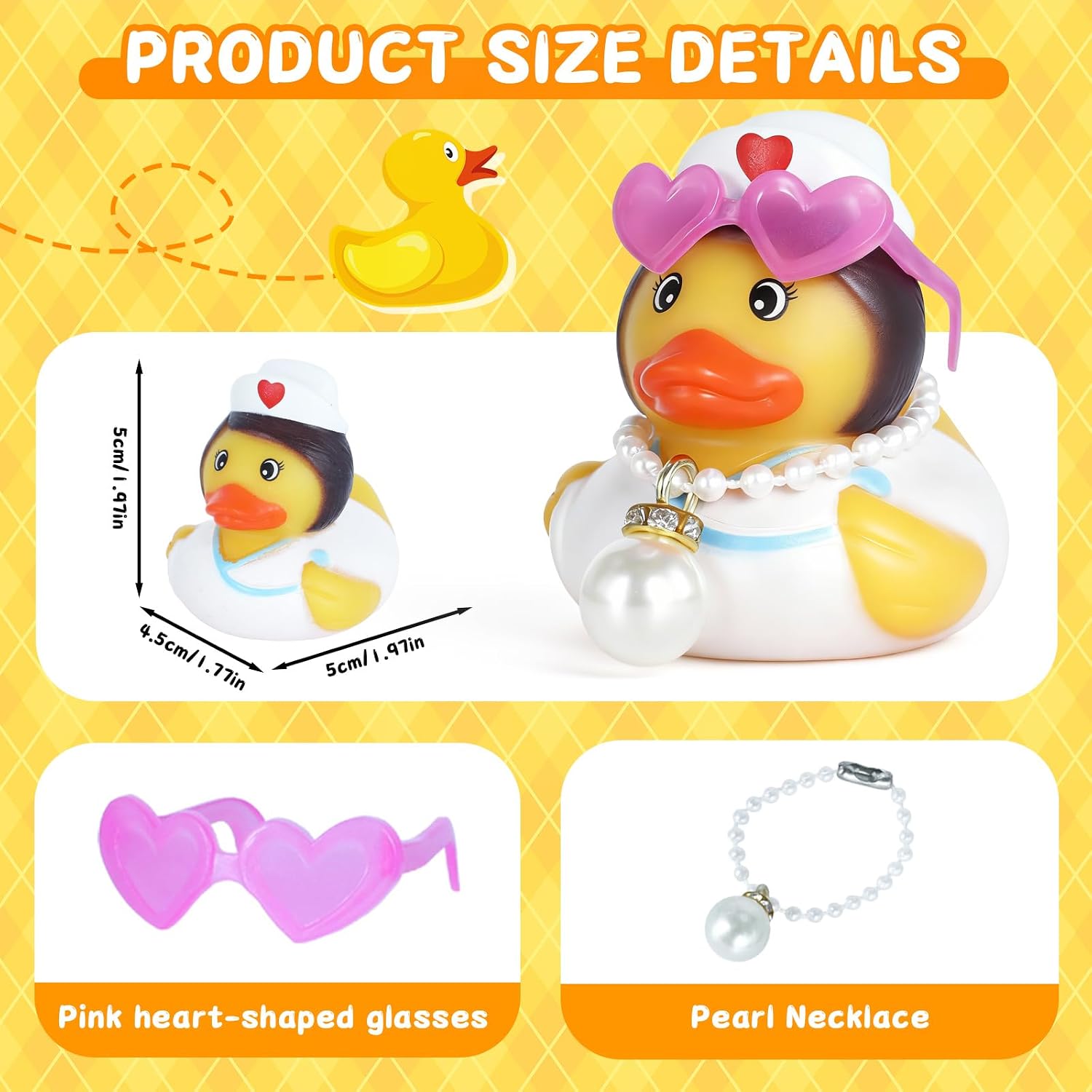 Nurse Rubber Duck Car Dashboard Decor with Glasses & Necklace - Mini Office Desk Ornament, Squeeze-Squeak Decor for Adults, Double-Sided Tape Included image 2