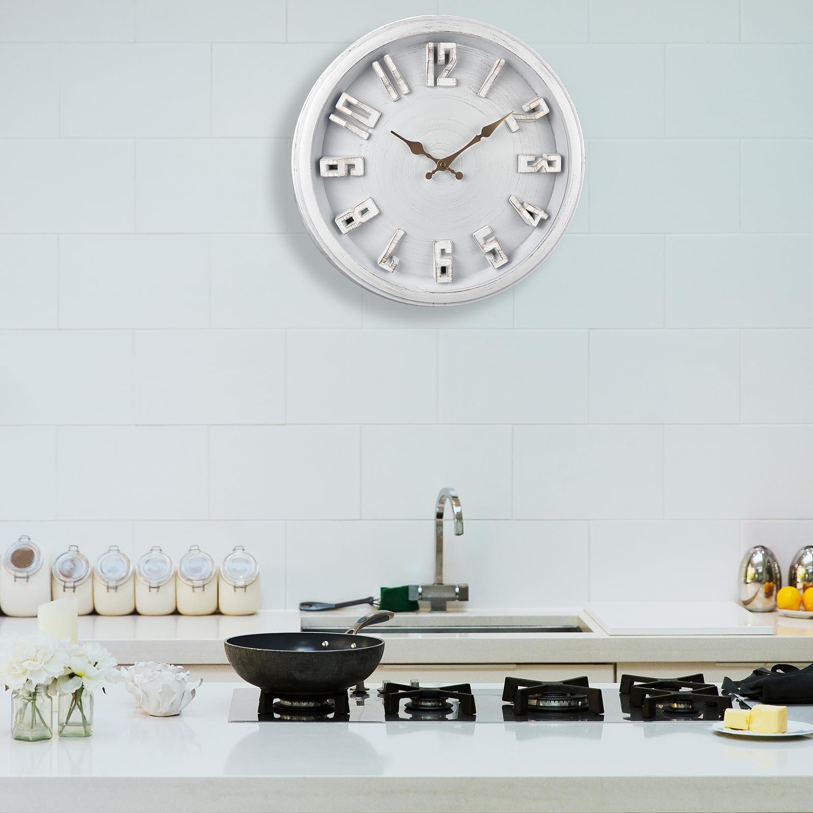 Extra Grande Reloj de Pared Vintage de 40 cm, Silencioso, Sin Tictac, Clásico, Retro, Funciona Pilas, 3D Números grandes, Fácil de Leer, Adecuado Para Sala de Estar, Dormitorio, Cocina (Blanco)