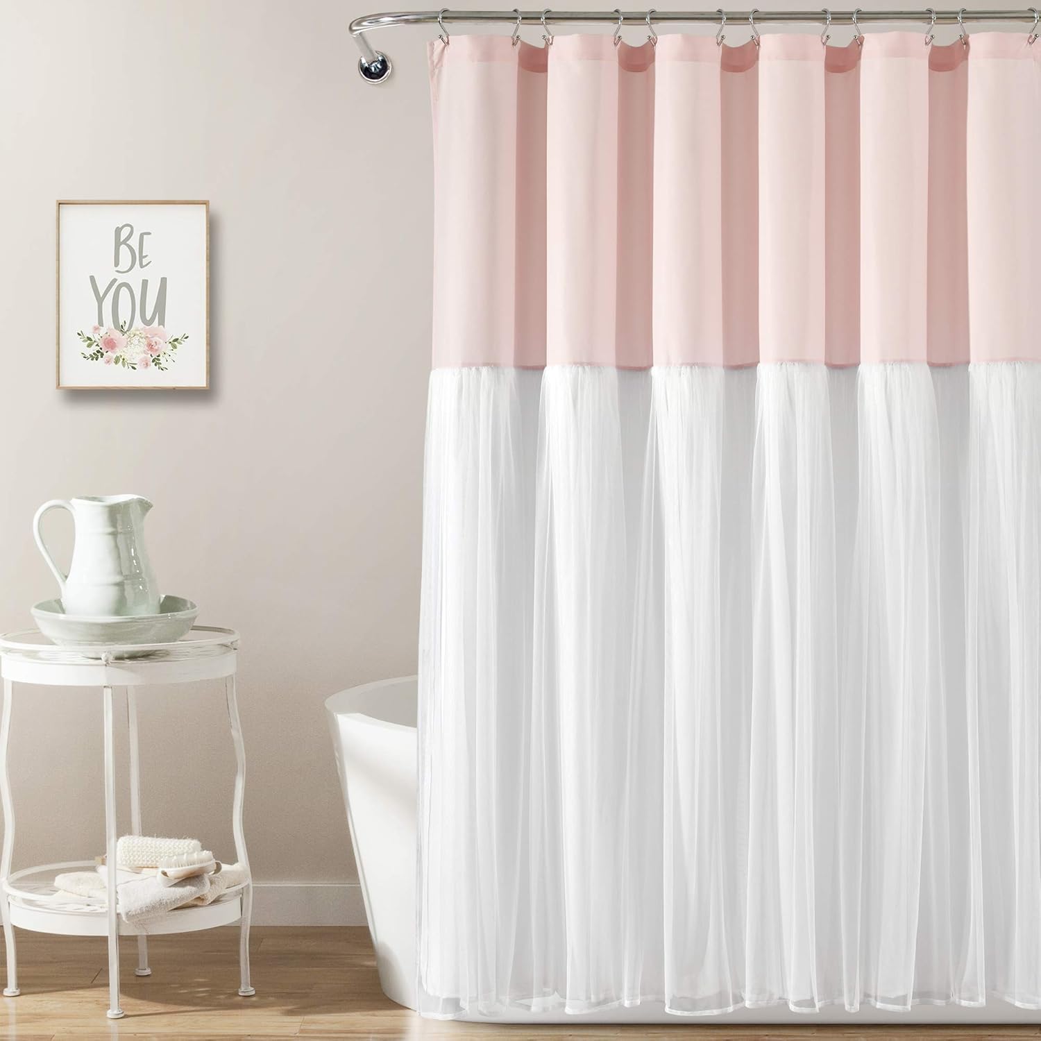 Lush Decor Tulle Skirt Colorblock Shower Curtain Single 72" W x 72" L Blush & White - Fabric Shower Curtains for Bathroom - Cute Bathroom Curtain