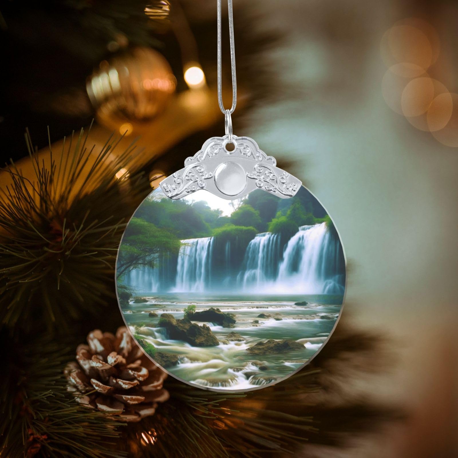 Crystal Christmas Ornaments for Christmas Tree Decoration Hanging Waterfall Scenery Ornament with Gold Ribbon Crafts Round Pendant for Keepsake Gifts Glass Xmas Decor Party Supplies