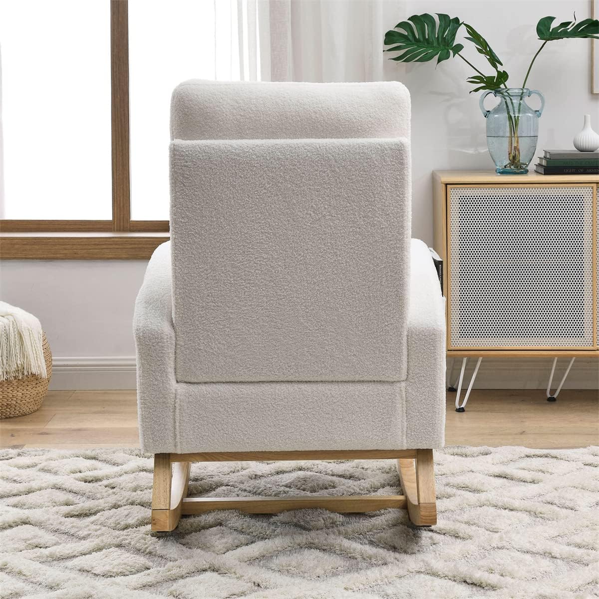 Fabric Rocking Chair Nursery Chair,Modern Upholstered High Back Glider Rocking Armchair,Comfy Rocker with Padded Seat and Wood Base,Two Side Pocket Accent Chair for Living Room Bedroom Office,White