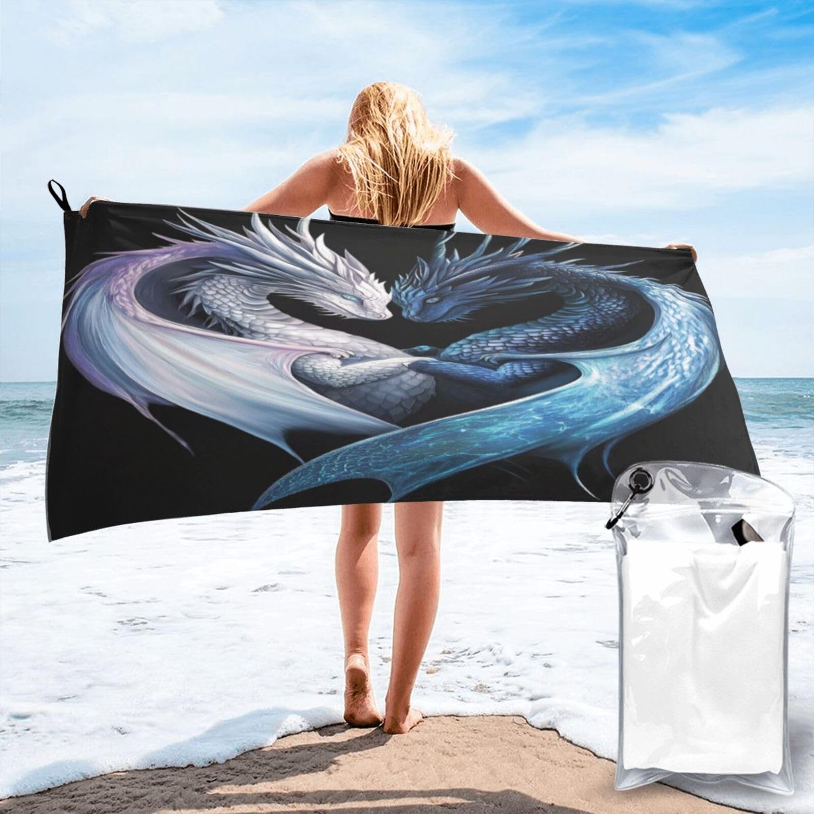Anceky Fantastical Dragon Duo, ICY Embrace, Digital Art Quick Dry Microfiber Travel Towel with Carry Case and Carabiner 27.5"X55"
