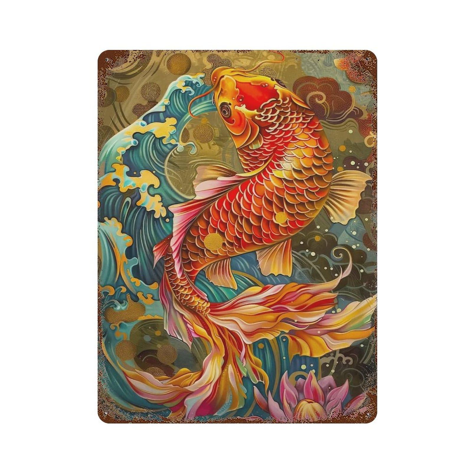 Koi Fish Painting Weathered Tin Sign 15.7"x11.8", Ideal for Basement, Hobby Room And Garage Decor