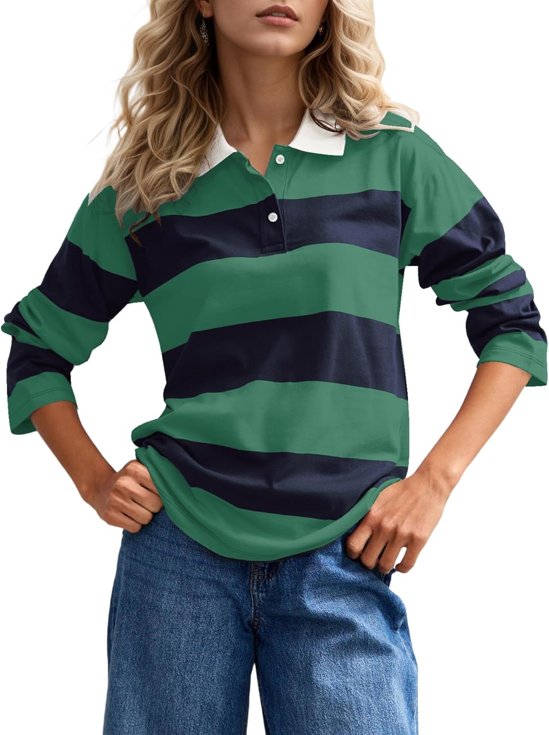 Fall Striped Polo Long Sleeve Shirts for Women Casual Button Lapel V Neck Color Block Tops Vintage Rugby Shirt Blouse