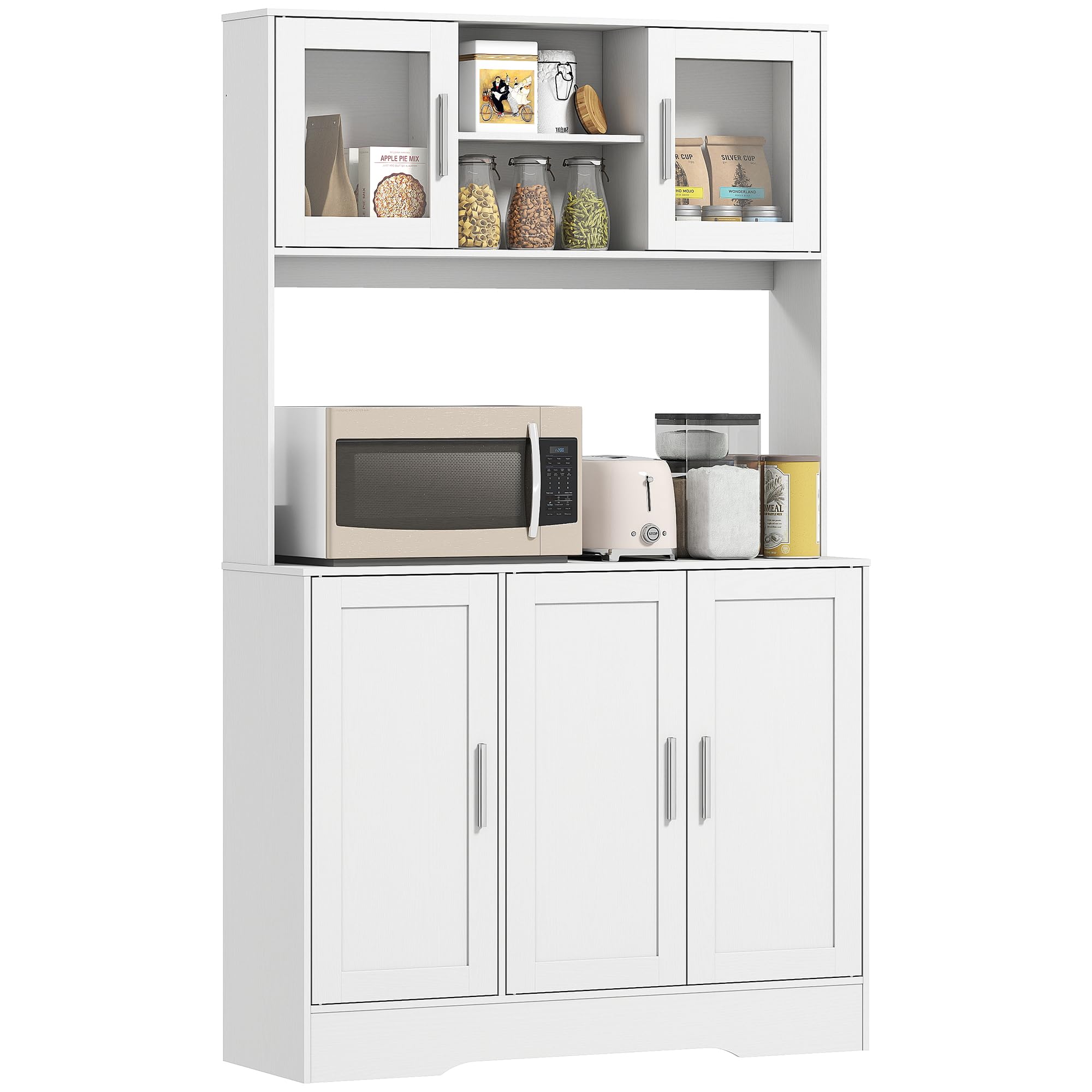 HOMCOM Alacena de Cocina, Mueble Auxiliar de Cocina con 2 Puertas de Vidrio, Encimera Amplia para Microondas, Compartimentos Abiertos, Estantes Ajustables, 108x35x180 cm, Blanco