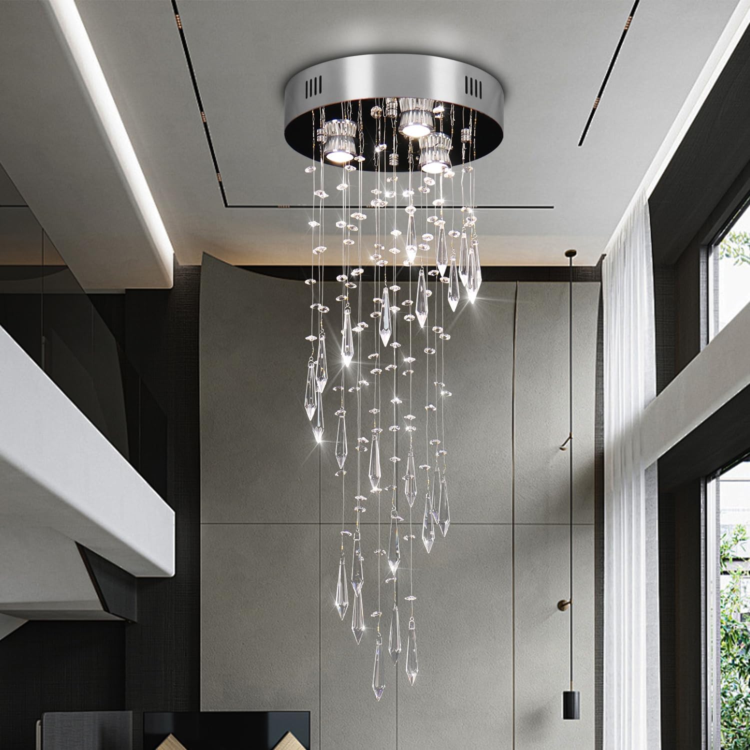 11.8 inch Spiral Crystal Chandelier Light Fixture, Modern Crystal Round Ceiling Lamp Flush Mount Chrome Ceiling Lights for Stairwell Foyer 3*GU10 Bulb(Bulb not Included) 29.5"x11.8" Spiral Crystal