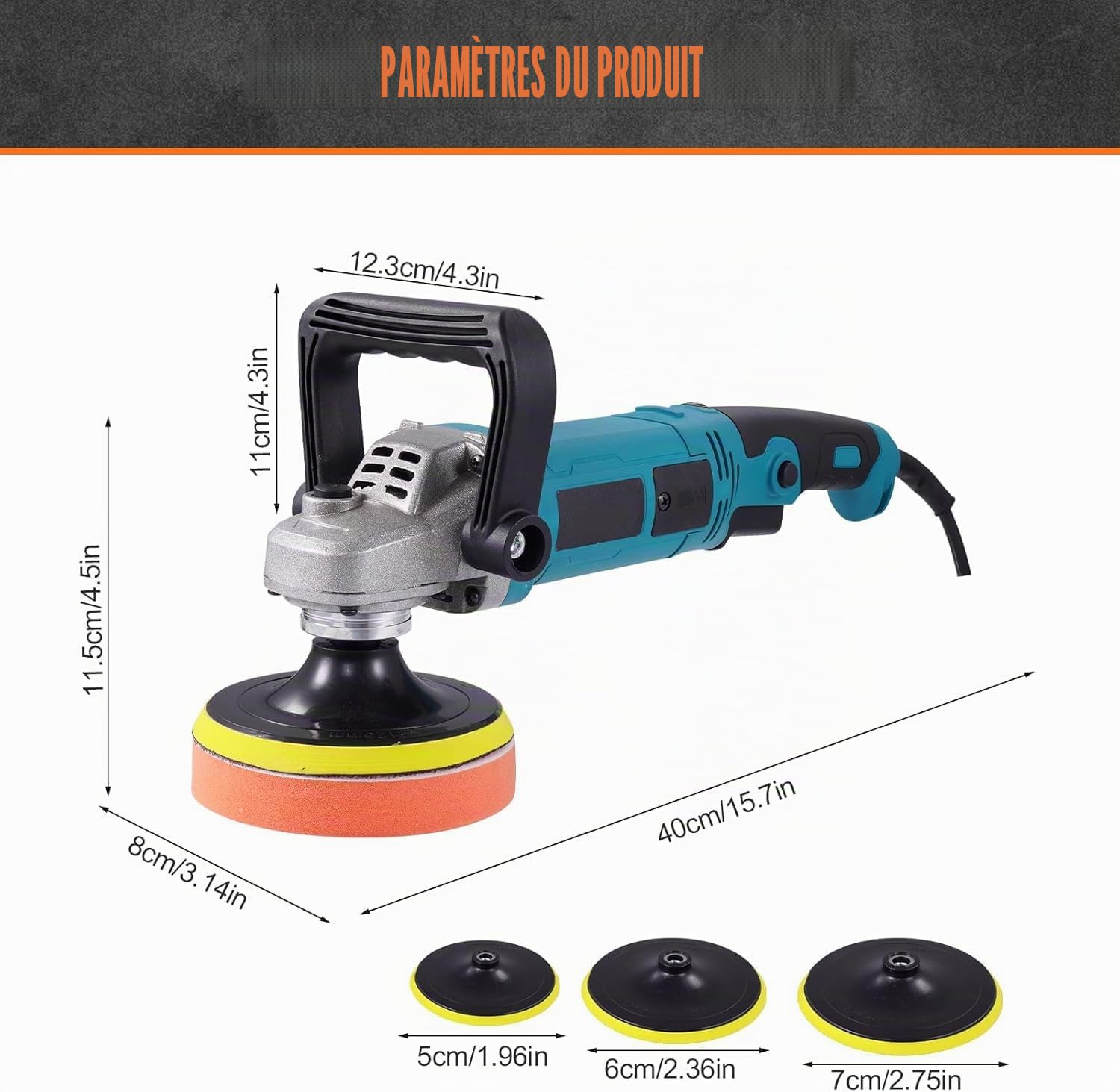 Polisseuse automatique 1600W avec 6 vitesses variables | Kit de polissage avec manche amovible bleu, tampon de polissage, éponge de polissage, peau à polir, ensemble de polisseuse