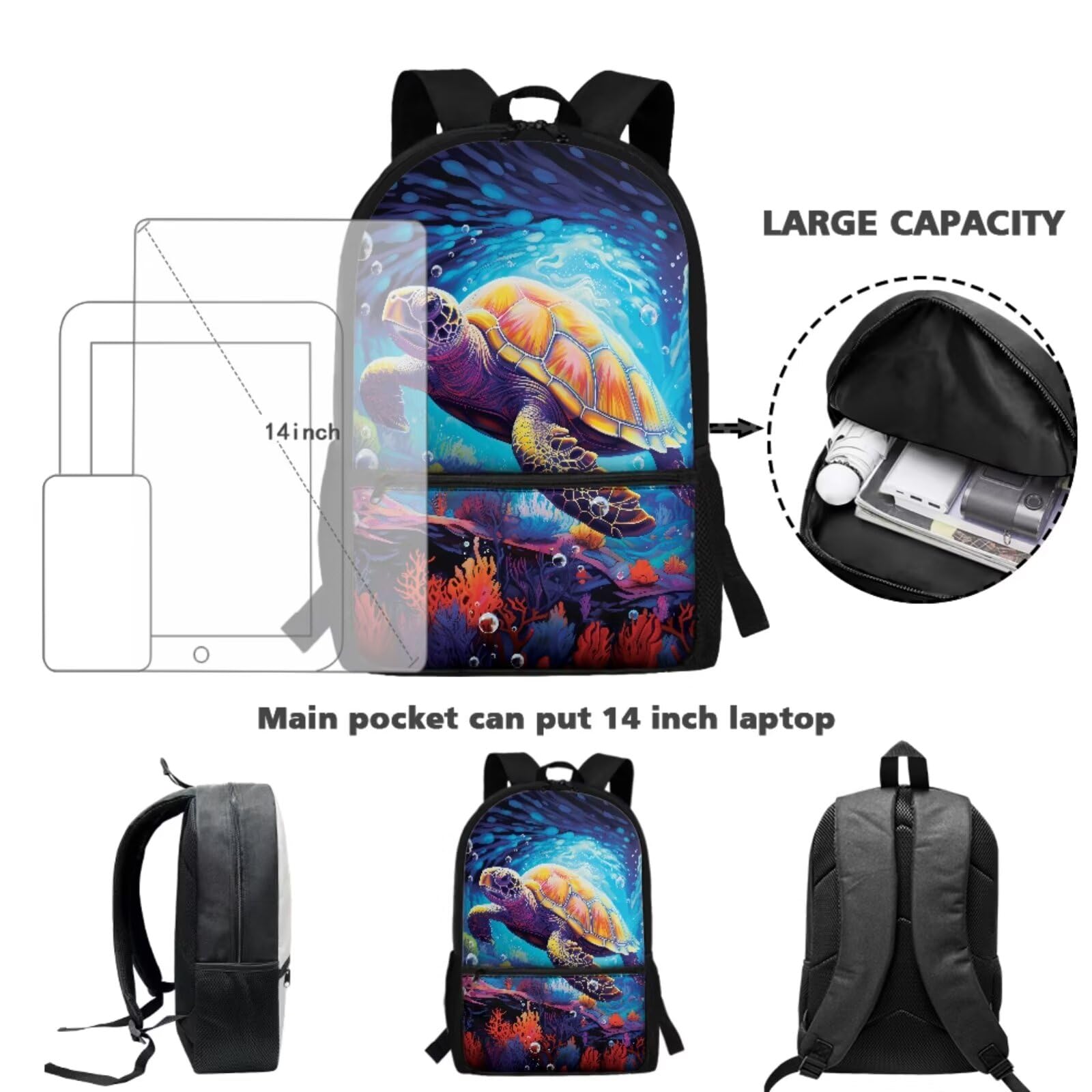 chaqlin Schulrucksack-Set für Kinder, Jungen, Schulranzen mit Lunchbox und Federmäppchen, 3-teiliges Set, Kinder-Büchertaschen, Kühltasche, Stifttasche, Meeresschildkröte, Kinderrucksack