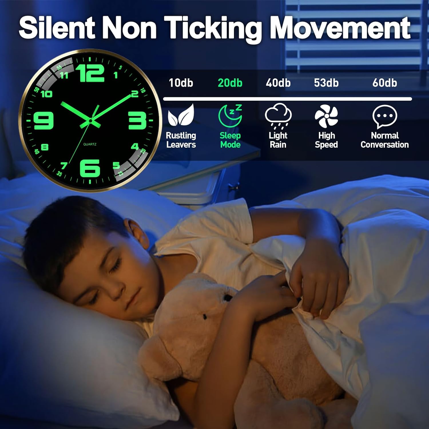 This 12-inch wall Clock Features a Beautiful Metal Frame, Nighttime Illumination, a Silent Ticking Sound, Tempered Glass to Prevent Breakage, AA Battery Power, and Large, Easy-to-Read Digits.