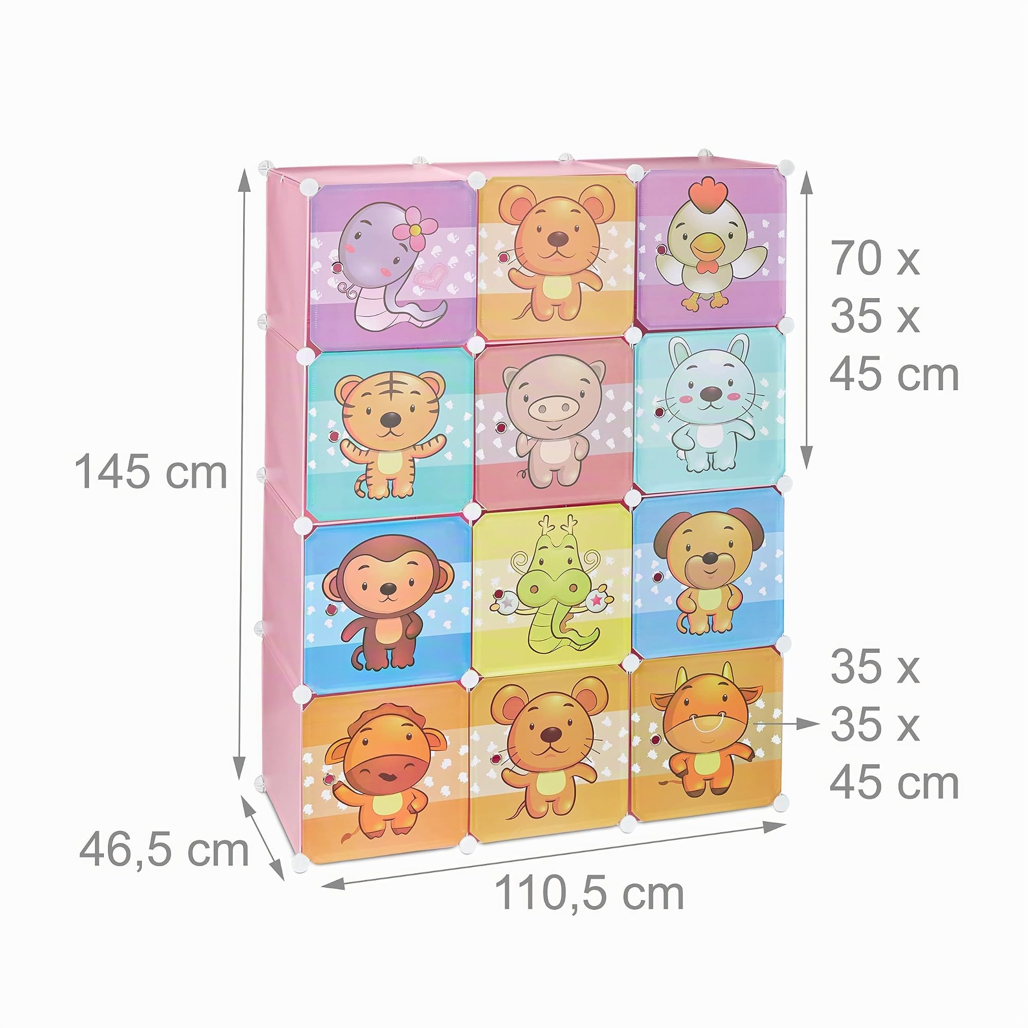 Relaxdays Scaffale Componibile per la Cameretta dei Bambini, Immagini Graziose di Animali, Ante e Bastone Appendiabiti, Rosa