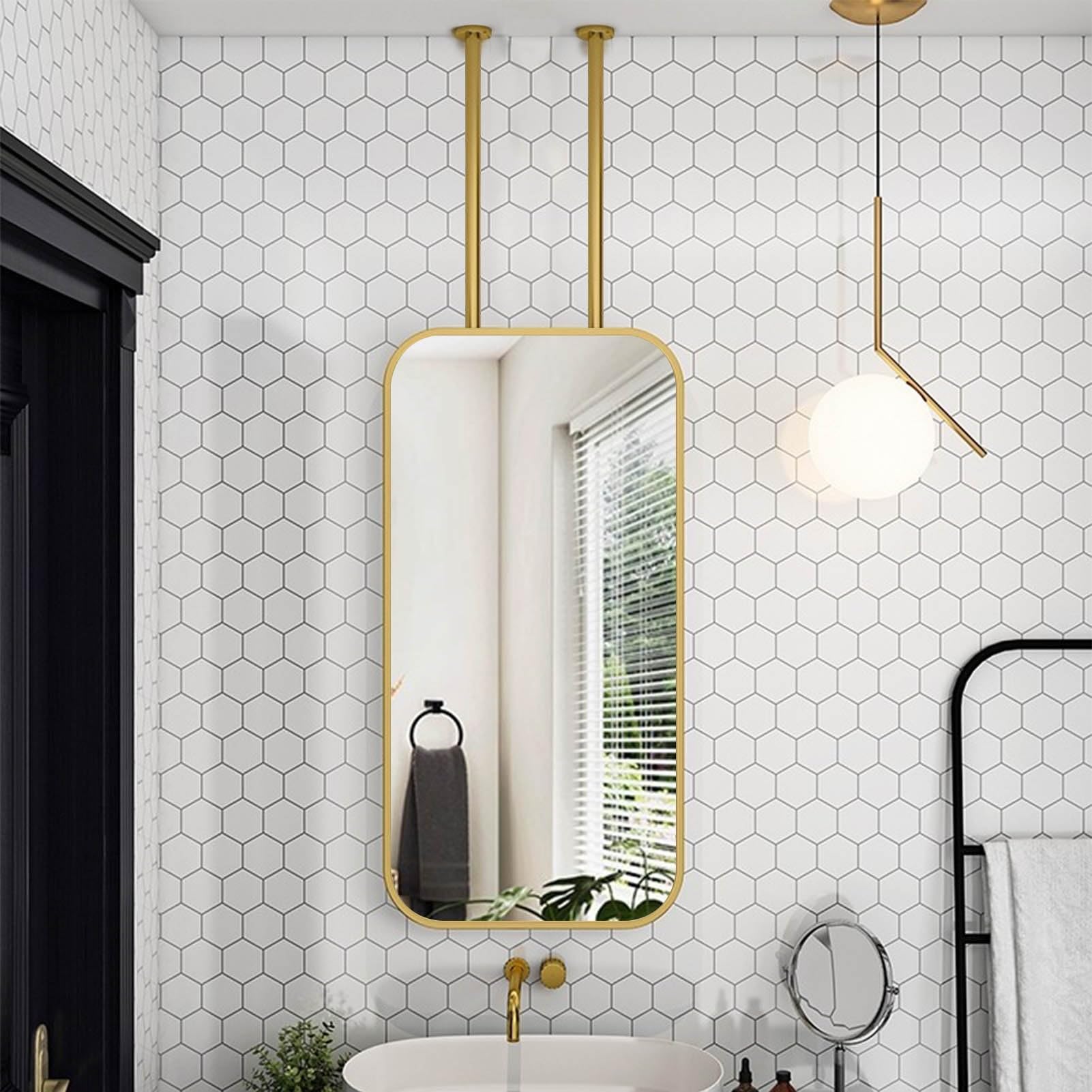 SXFSDOU Wall Mounted Bathroom Mirror with Metal Frame, Freestanding for Bedroom Entryway Living Room, Gold Rectangular Customizable(50cmx70cm)