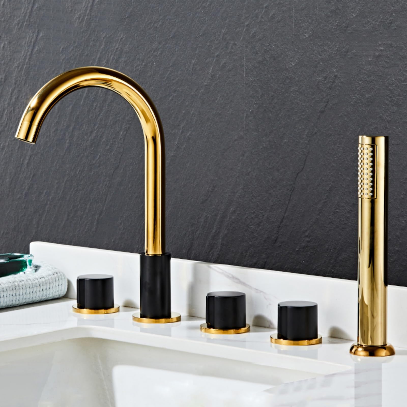 SnamicE 5 Hole Bath Tap Set Black Bath Tub Mixer Tap with Shower 360 Tap Swivel Head Bathroom Taps Mixer Double Lever-A,Black+gold