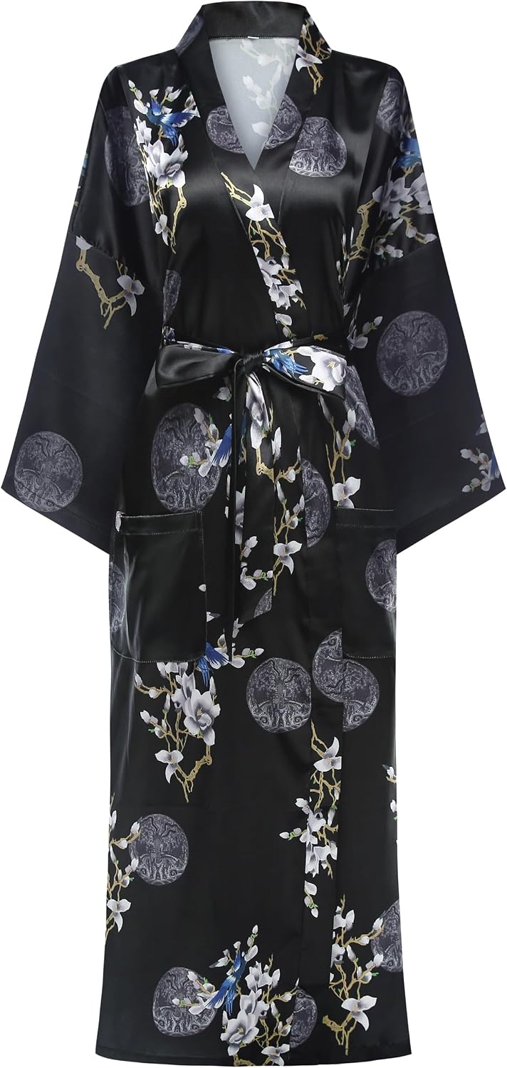 Women's Floral/Patterned Silky Kimono Robes Long Satin Bathrobes Sleepwear Loungewear