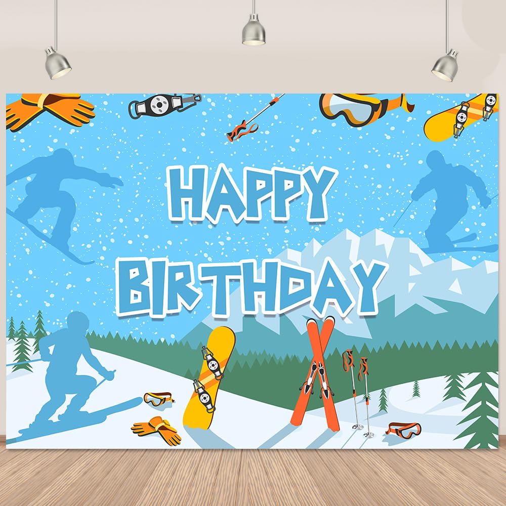 Winter Skiing Birthday Backdrop Sports Theme Photography Backdrop Kids Adult Snow Mountain Forest Birthday Party Decorations Banner 5x3Ft
