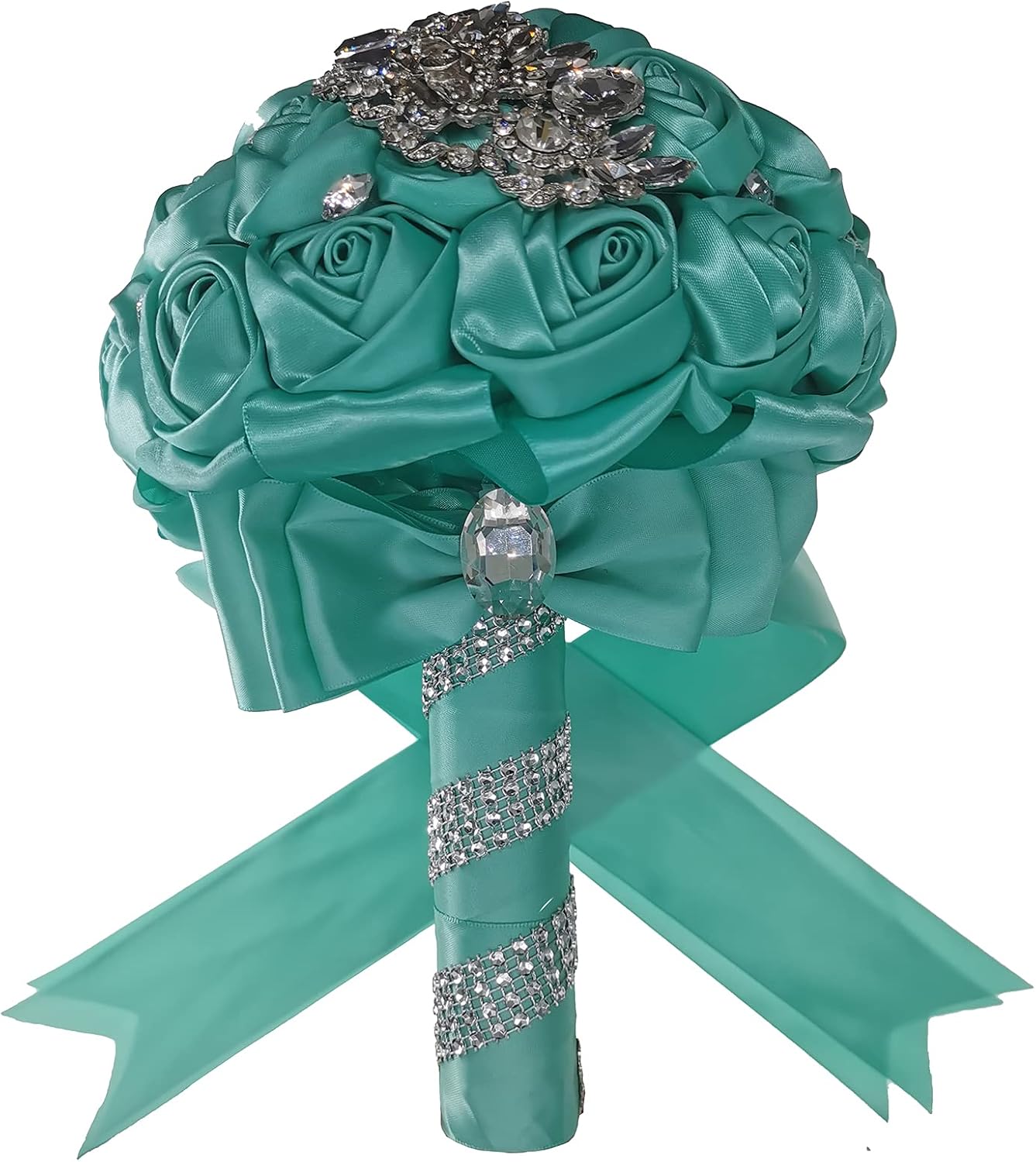 Handmade Romantic Silk Roses Meteor Shower Rhinestone Decor Satin Ribbon Wedding Bouquet Bridal Holding Bouquet Bridesmaid Bouquet Wedding Decoration Flowers (Blue)