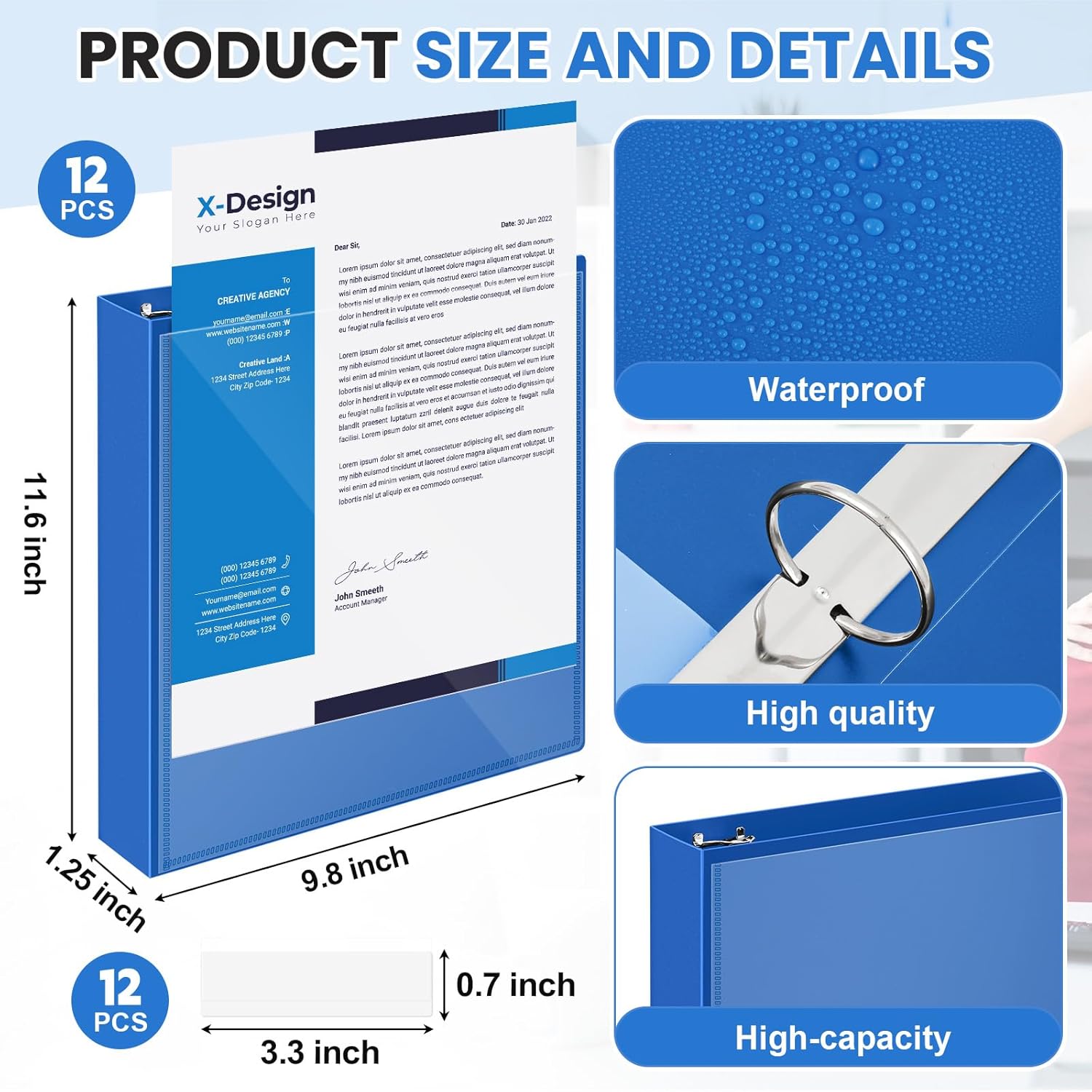 Henoyso 12 Pcs 1 Inch 3 Ring Flexible Poly Binders Bulk, Blue Plastic Telescoping 3 Ring Binder with Clear Front Cover and 2 Inner Pockets, Holds 240 Sheets 8.5"x11" Paper for School Office Home