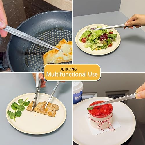 Miniatura 4 de JETKONG Pinzas para alimentos, puntas dentadas de precisión, pinzas de cocina profesionales, juego de 3 (7, 9, 12 pulgadas, plateado)