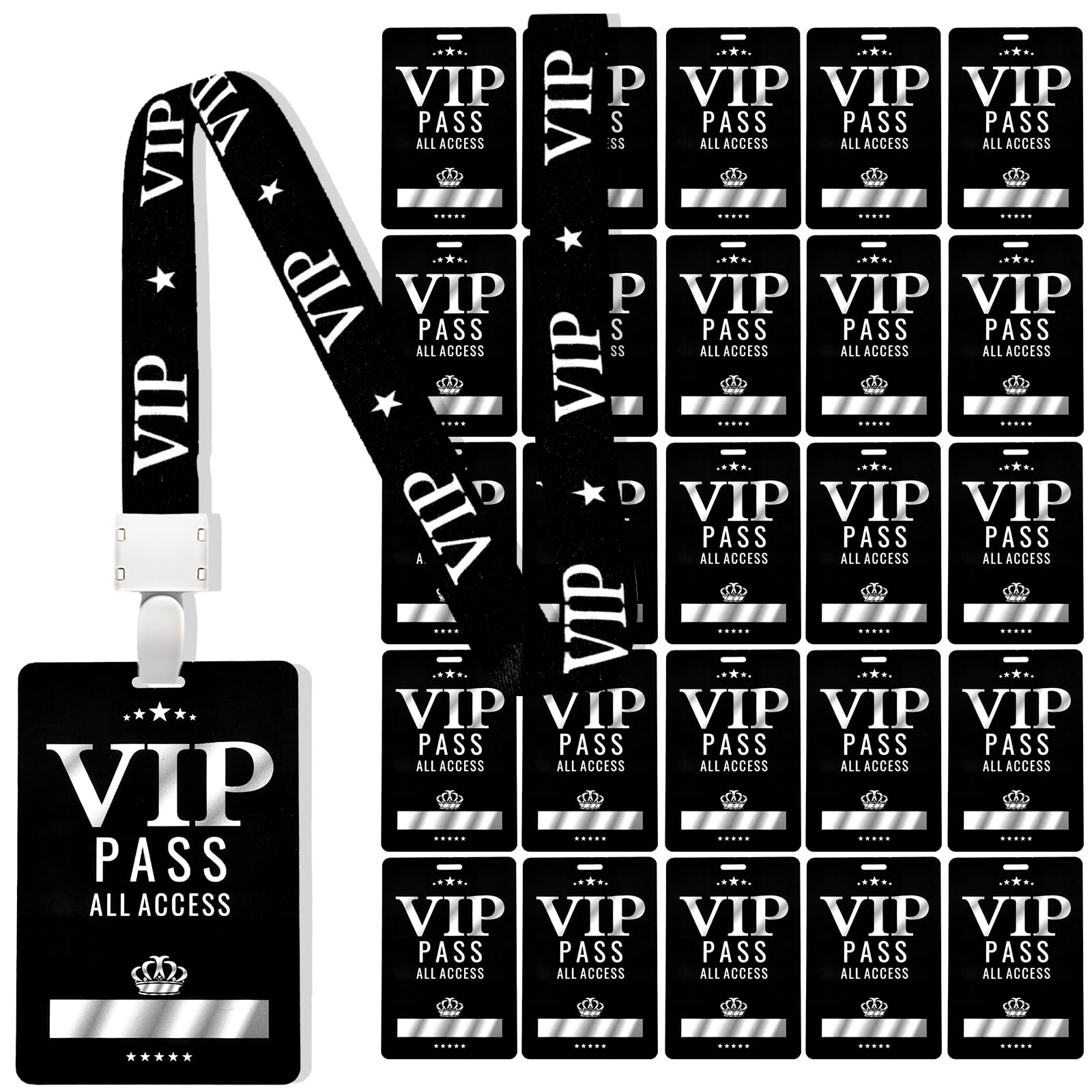 25 Sets VIP Badge Lanyards with Plastic Pass Cards, Black Breakaway Lanyard, PVC VIP Cards for Backstage School Concert Party Birthday Gaming