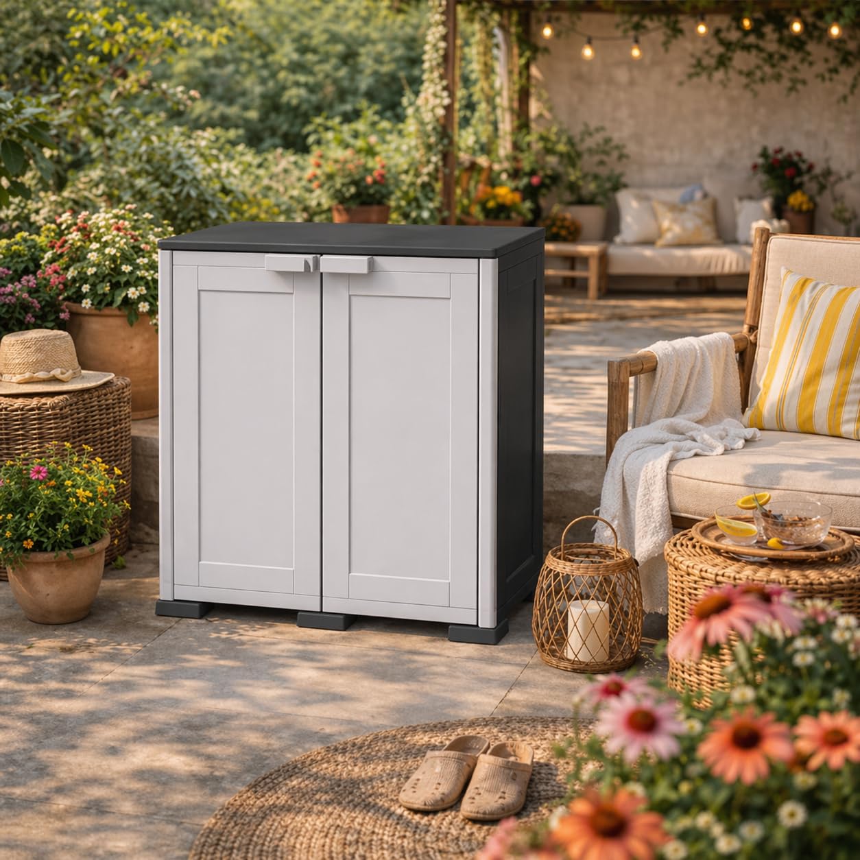Armadio Basso in Plastica da Esterno 79x43x85,5 cm, con 2 Ripiani – Mobile Contenitore Compatto Salvaspazio per Balcone, Terrazza e Organizzazione Casa (Grigio/Nero)