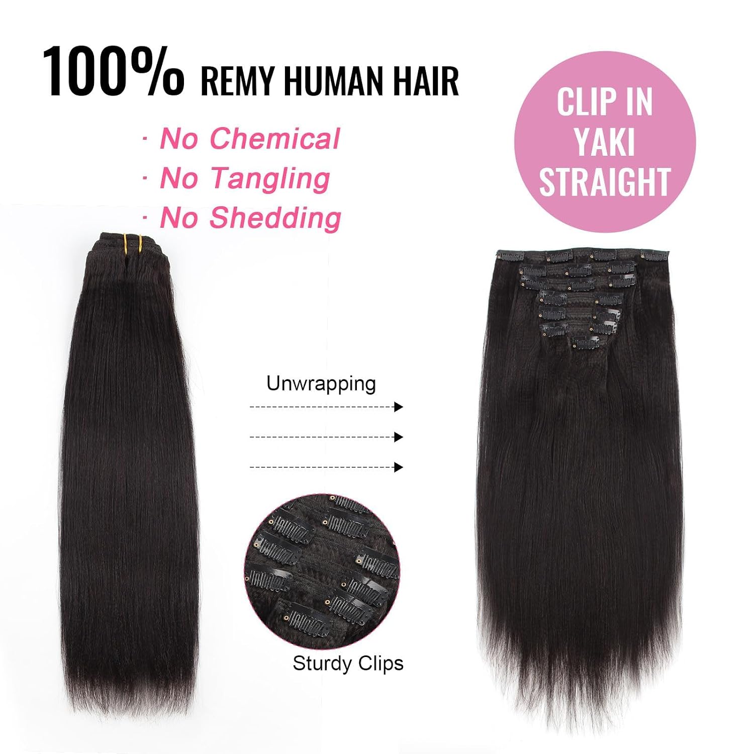 ABH AMAZINGBEAUTY HAIR Yaki Straight Clip in Human Hair Extension Virgin Real Remy Thick Hair Natural Black Double Wefts for African American Black Women 7 Pieces 120 Gram Per Set, 30 Inch