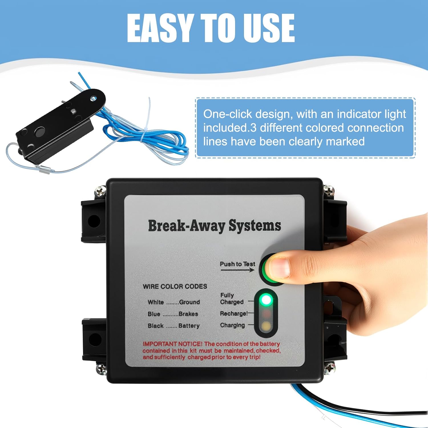 Trailer Breakaway Kit, with 12V Electric Brakes Breakaway Controller PP Construction for Emergency Brake Activation Universal Fit for Trailers, Caravans, Towing Vehicles (Ordinary Switches)