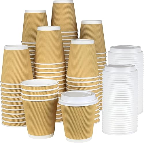NYHI Juego de 150 vasos de papel desechables marrones con tapas blancas de 6 onzas con aislamiento ondulado de papel kraft para bebidas calientes,
