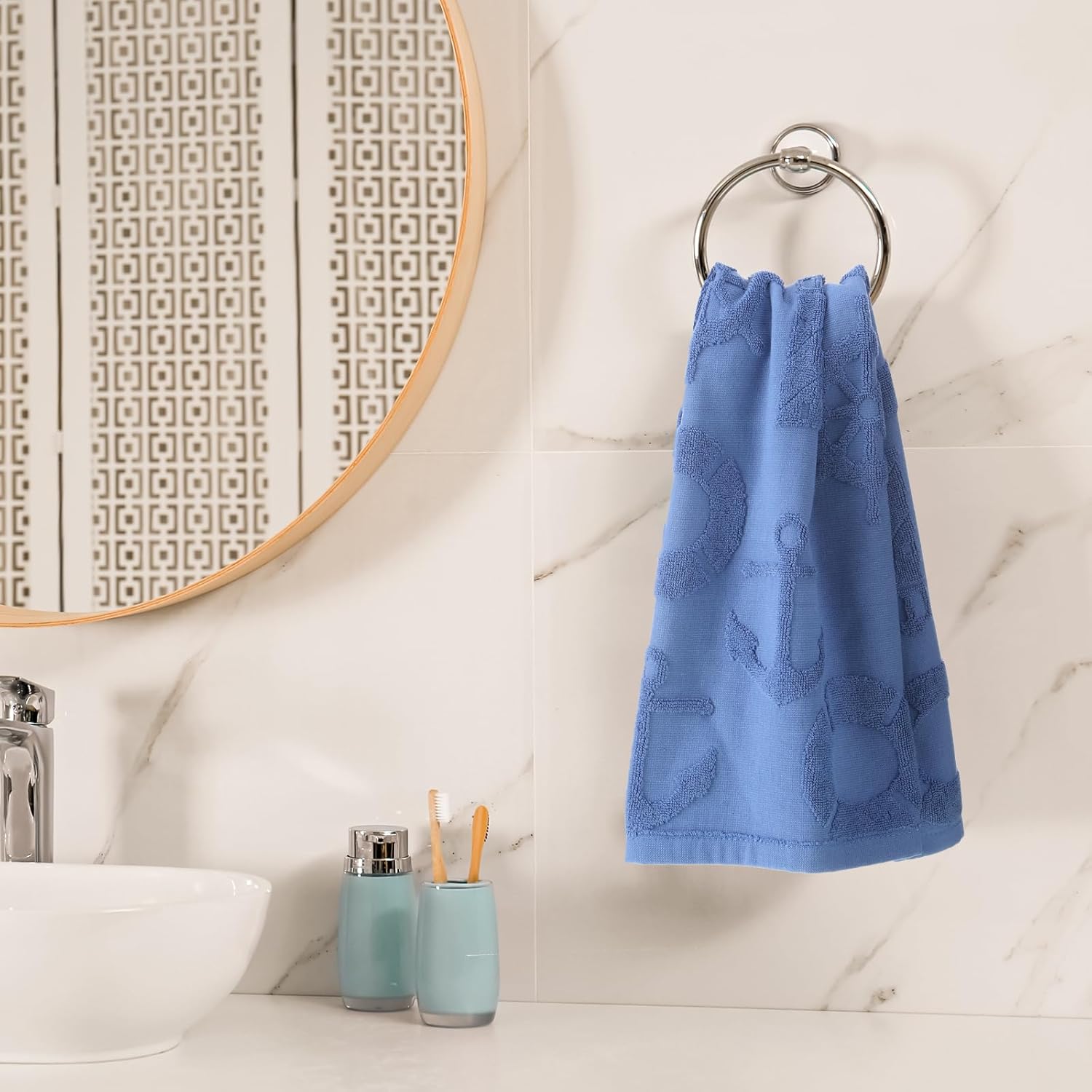 2 Pcs Nautical Hand Towels for Bathroom Navy Blue Nautical Beach Bathroom Hand Towel 100% Cotton Jacquard Weave Dish Washcloth for Sunmmer Kitchen Farmhouse Gifts 12.6 x 28.35 Inch - Image 5