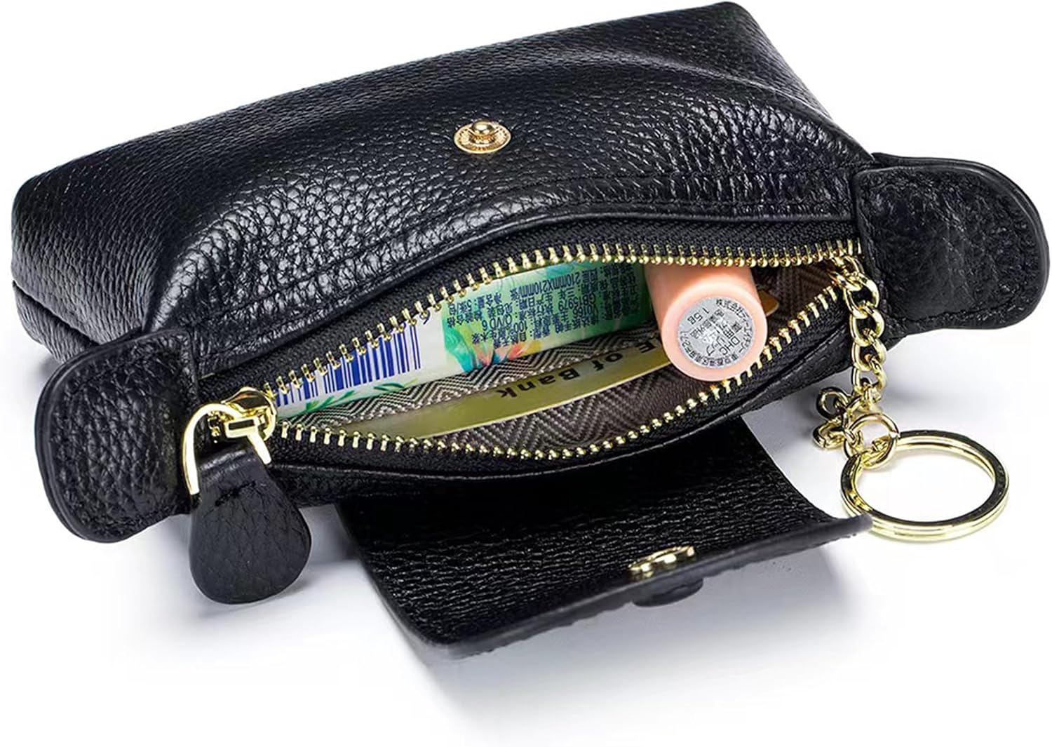 Women's Leather Coin Purse with KeyChain, Small Leather Pouch with Zipper for Women Fashionable Wallet (Black)