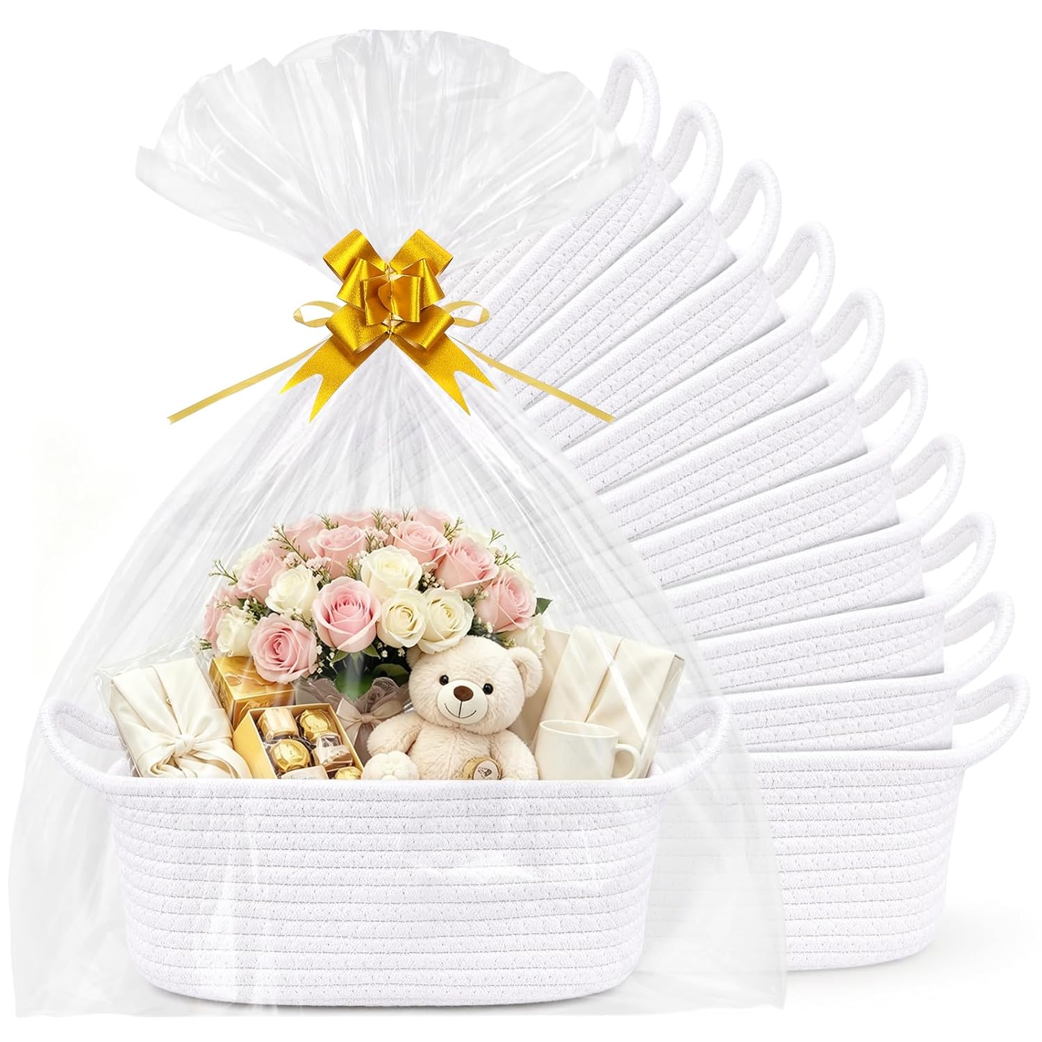 10 Pack White Gift Baskets Empty Woven, 12"x 8"x 5" Cotton Rope Small Basket with Handles 10 Bags and 10 Bows, Bulk Storage Baskets for Raffle Bridal Wedding Shower Spa Nursery Organizer